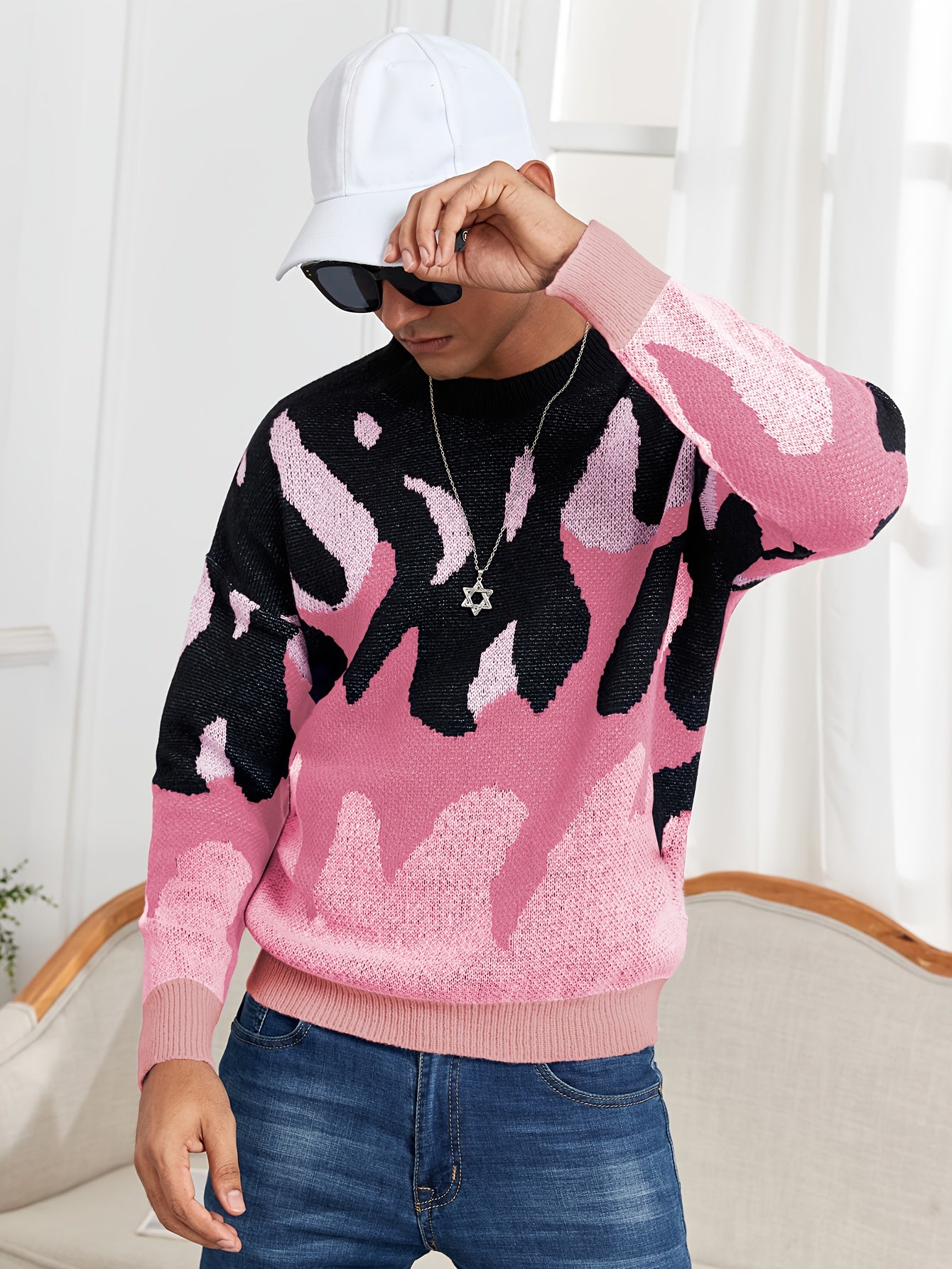 Oversized Crewneck Sweater Flame Graphic Knit For Men Women