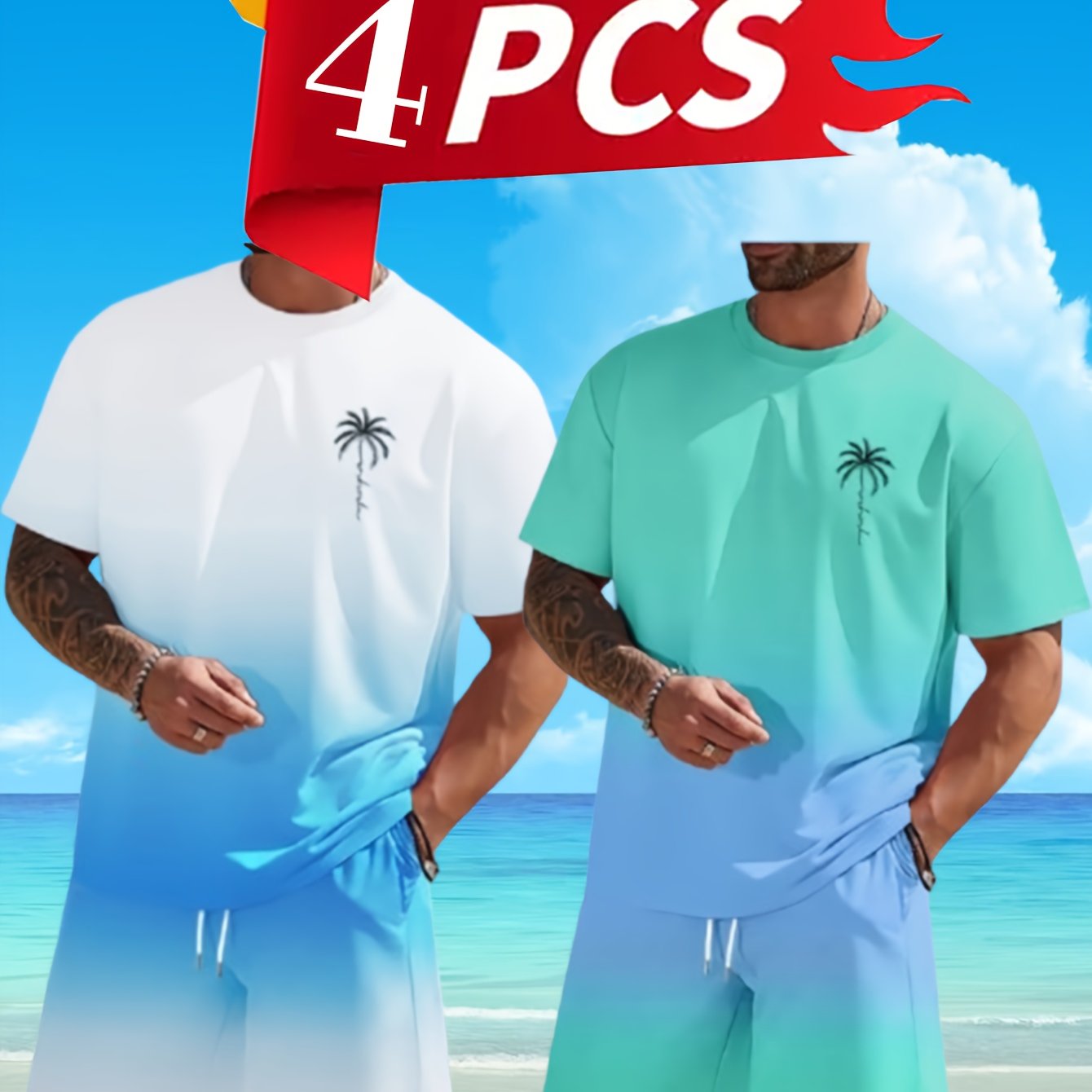 Men's Tropical Print Beachwear Quick Dry Trunks And Tees