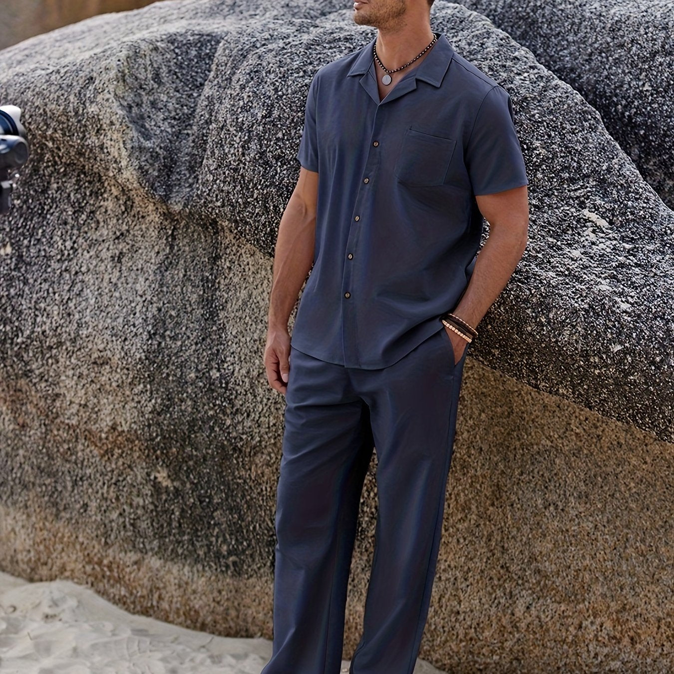 Men Linen Beach Button Shirt And Linen Pants Set Casual 2pc