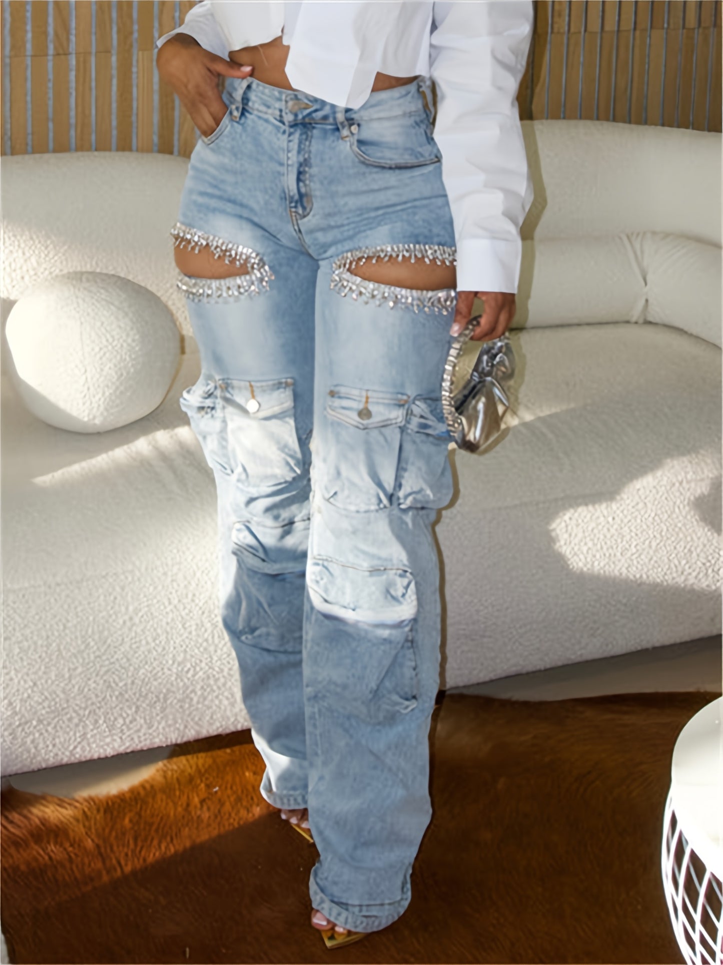 Womens Rhinestone Embellished Cargo Jeans High Rise Denim