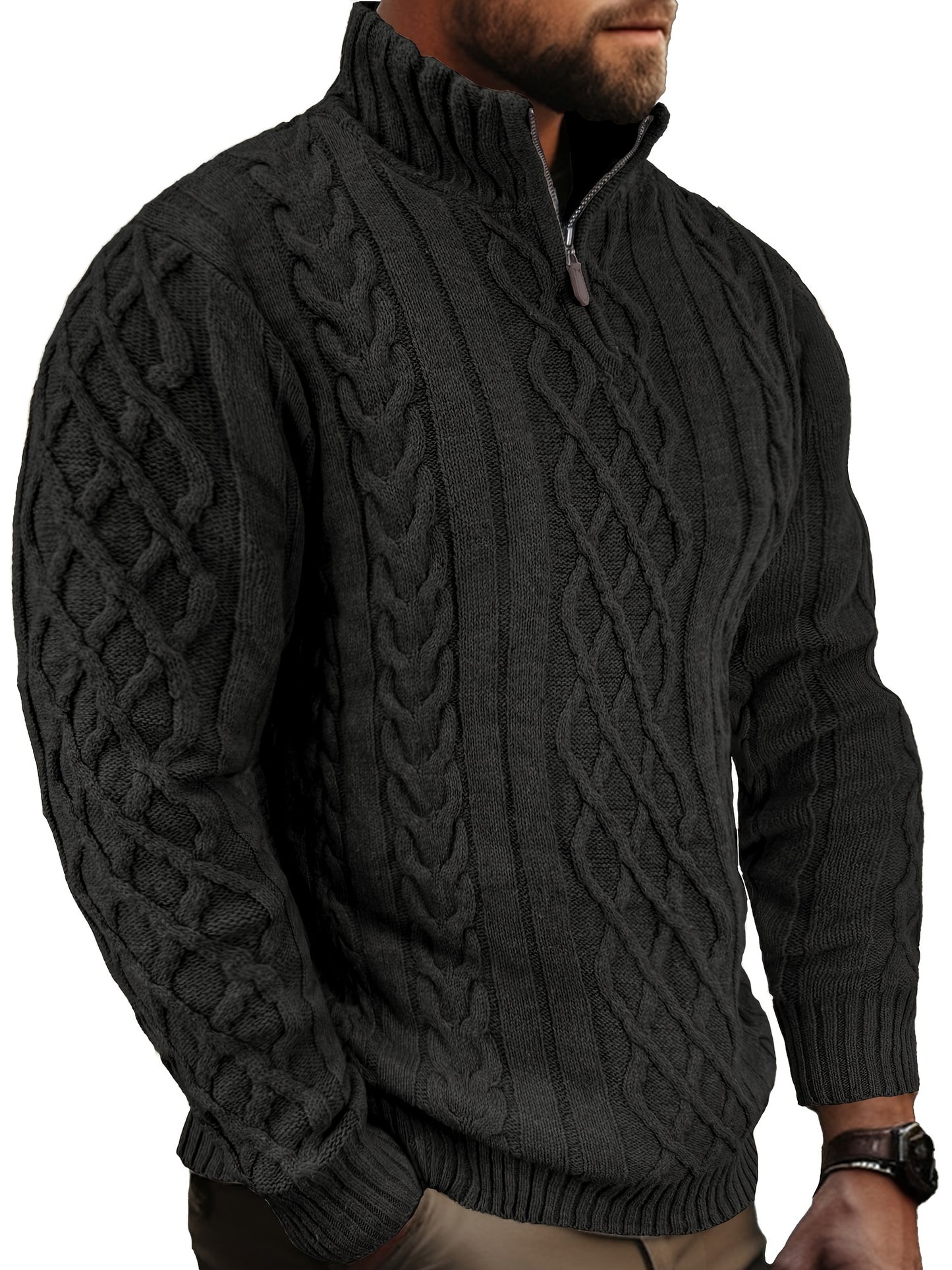 COMDECEVIS Mens Quarter Zip Cable Knit Mock Neck Sweater