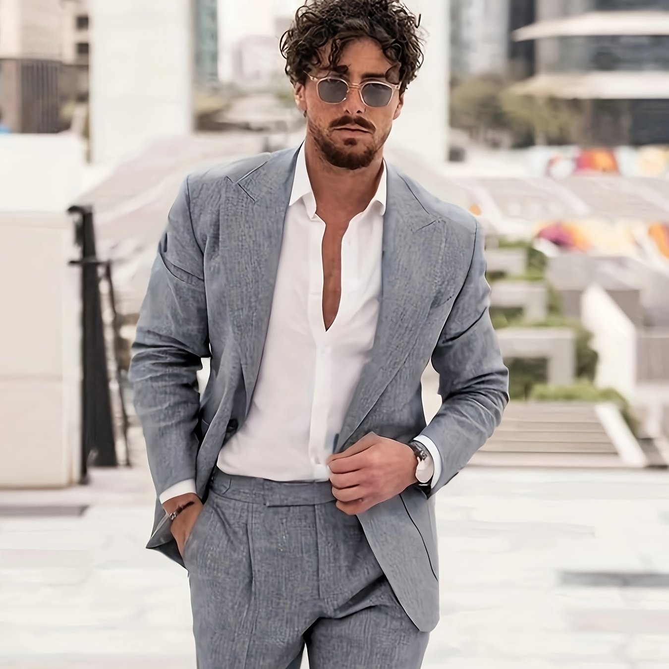 Naples Cotton Linen Men Suit Two Piece Slim Fit Tuxedo Set