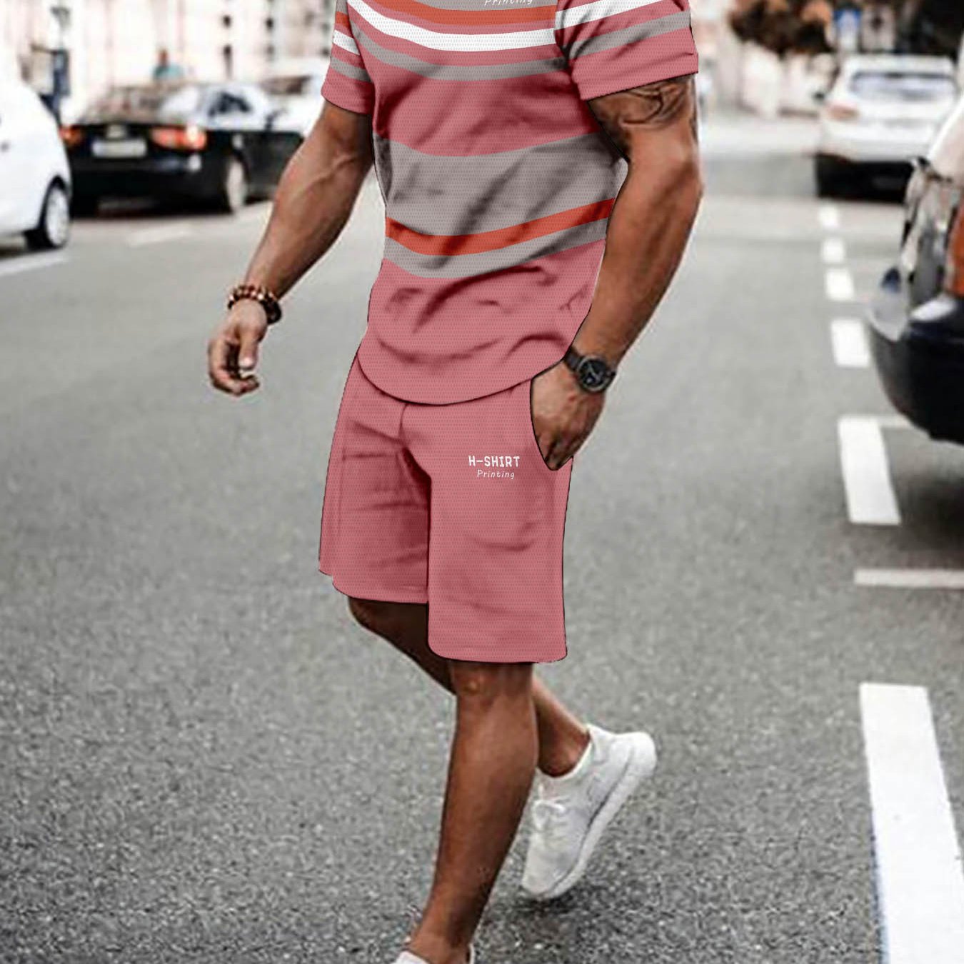 Mens Striped Athletic Set 2pc Breathable Polyester Quick Dry
