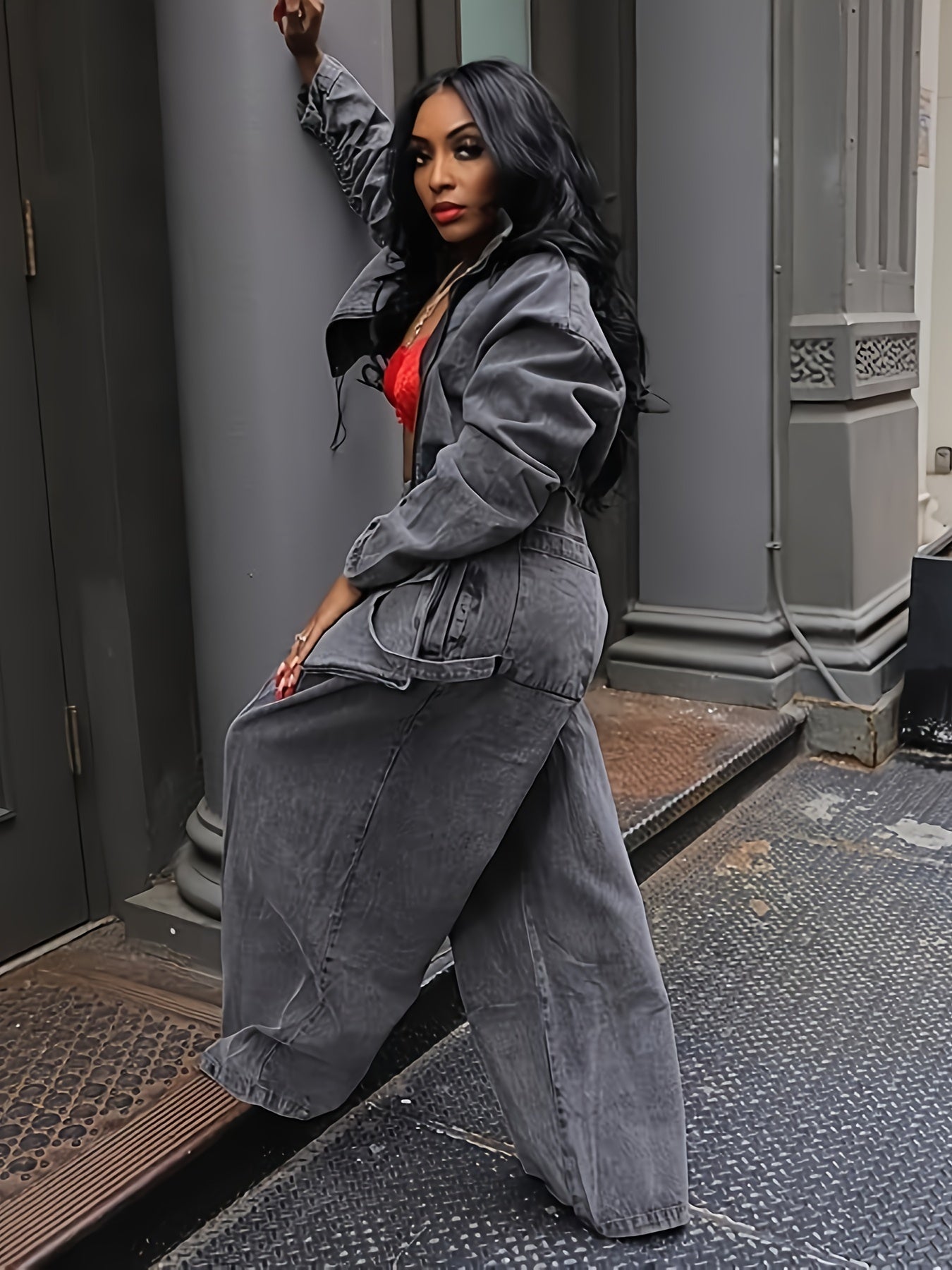Women's Denim Set Jacket And Wide Leg Pants Polyester