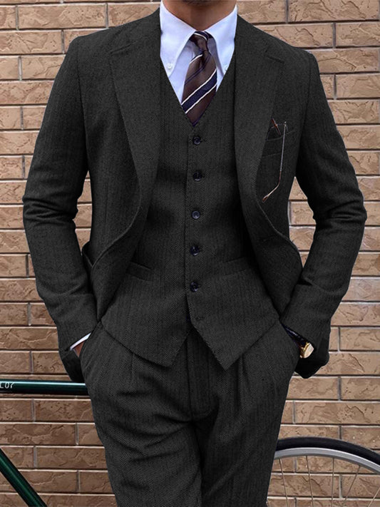 Men's Wool Blend Tweed Suit Herringbone Formal Wedding Event