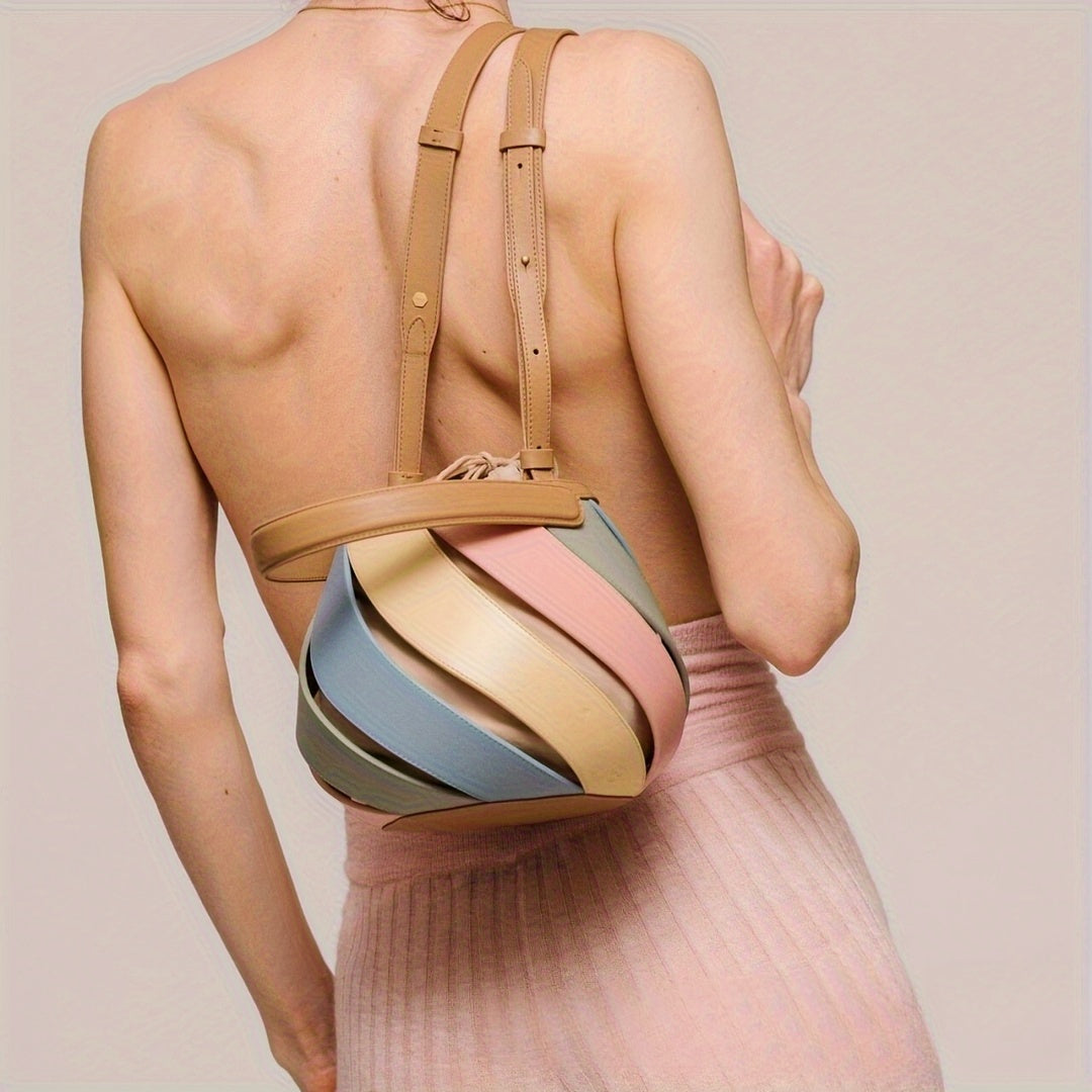 Genuine Leather Rainbow Color-Block Bucket Bag by Unknown Brand