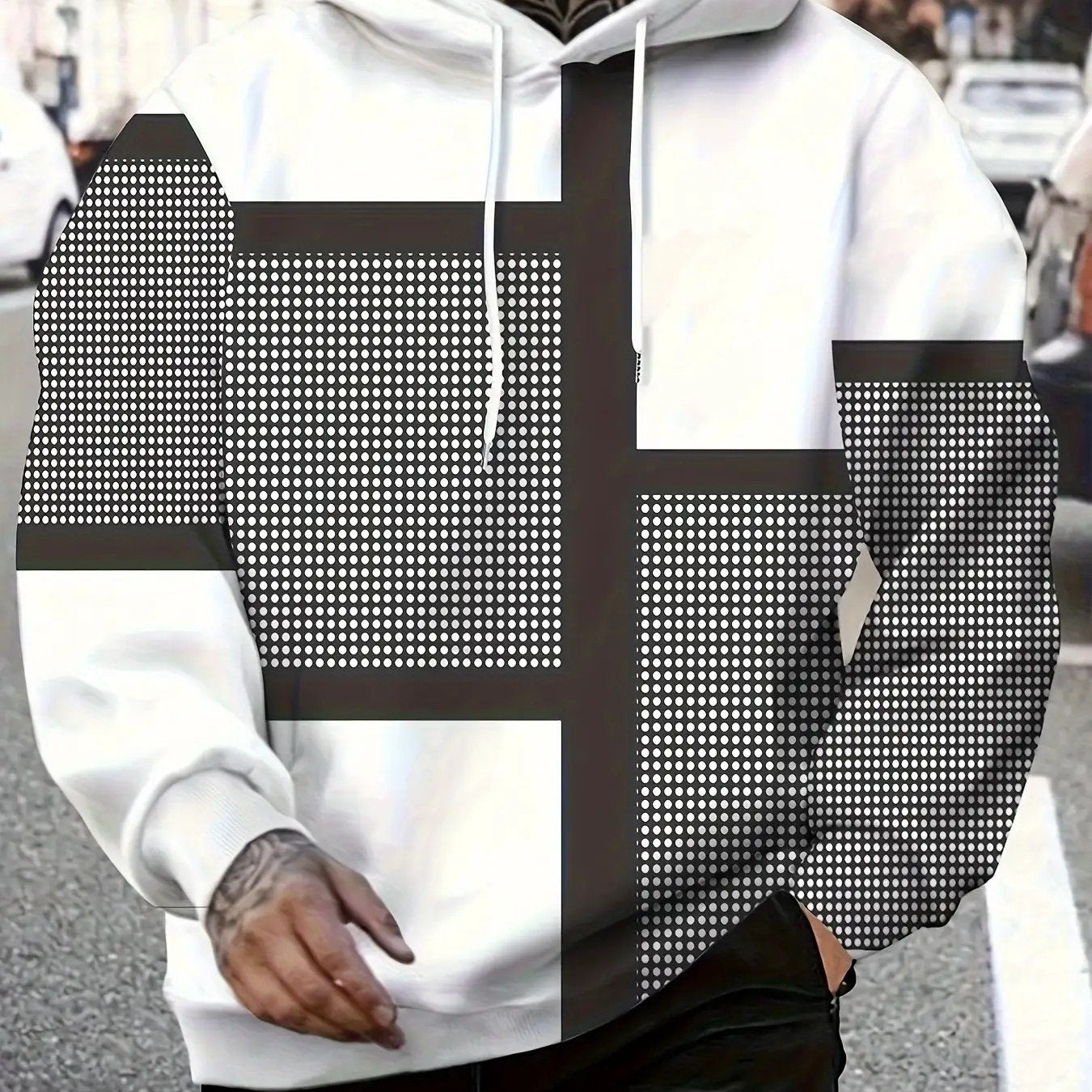 Mens Heavyweight Hoodie Geometric Pattern Sweatshirt