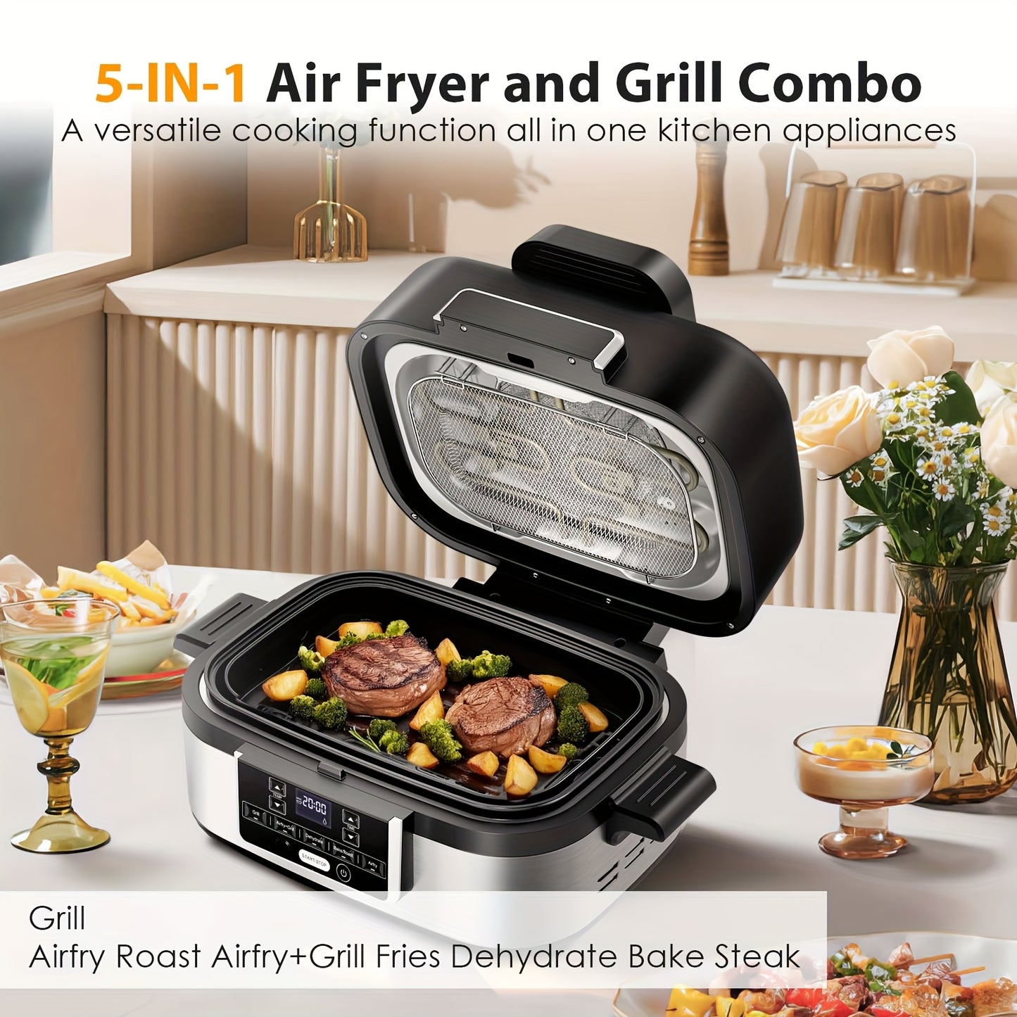 XBEAUTY Indoor Electric Grill Smokeless 5QT Air Fryer Combo
