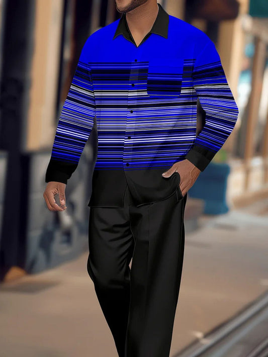 Mens Geometric Block Shirt And Casual Trousers Set