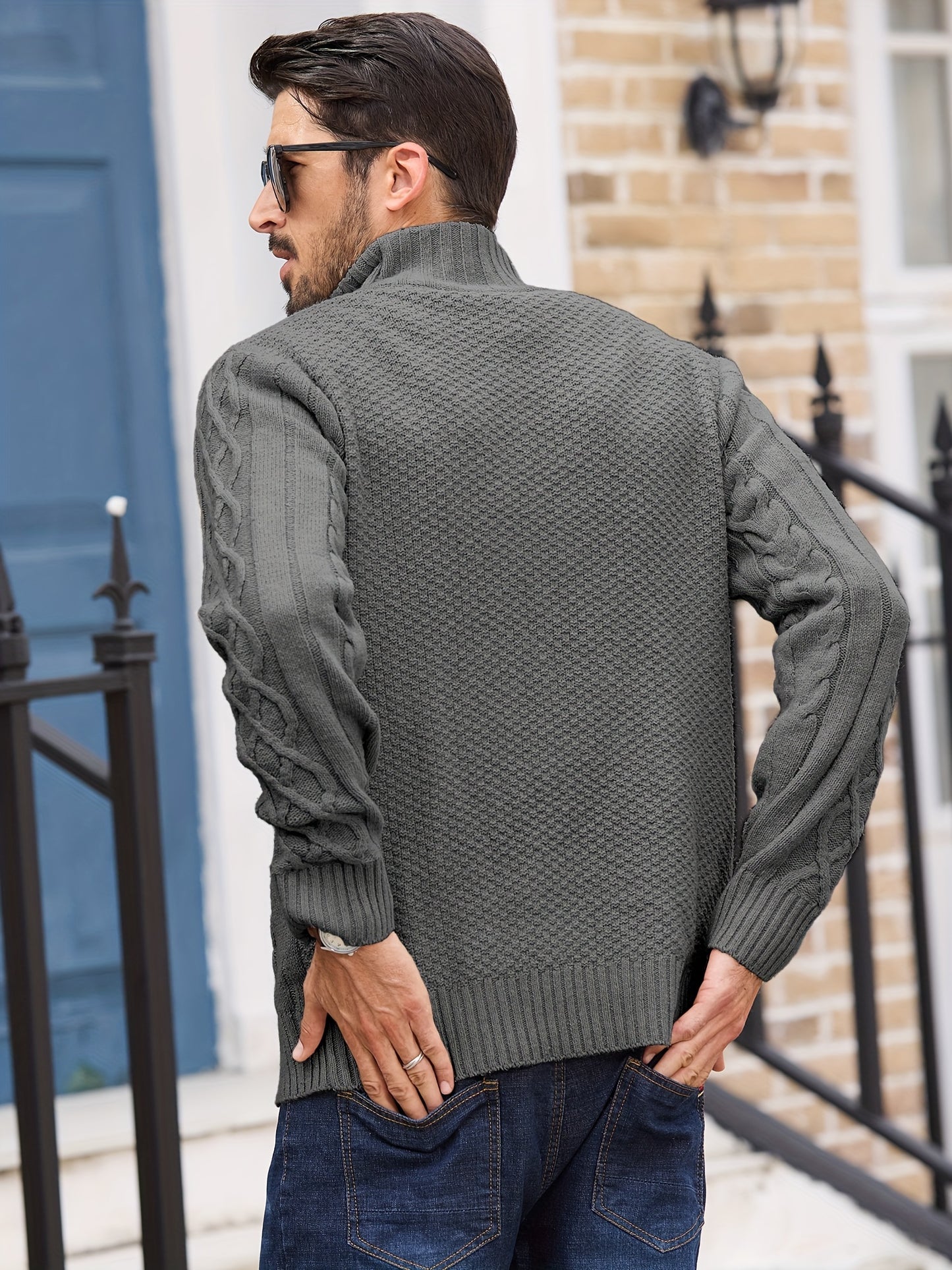 COMDECEVIS Mens Quarter Zip Cable Knit Mock Neck Sweater