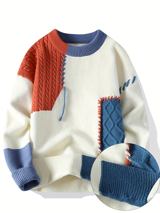 SENMEIGUO Men Color Block Long Sleeve Knit Sweater Casual