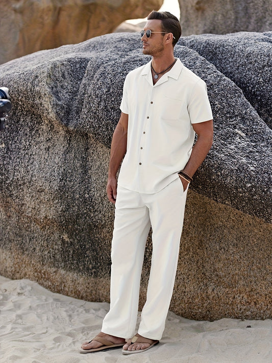 Men Linen Beach Button Shirt And Linen Pants Set Casual 2pc