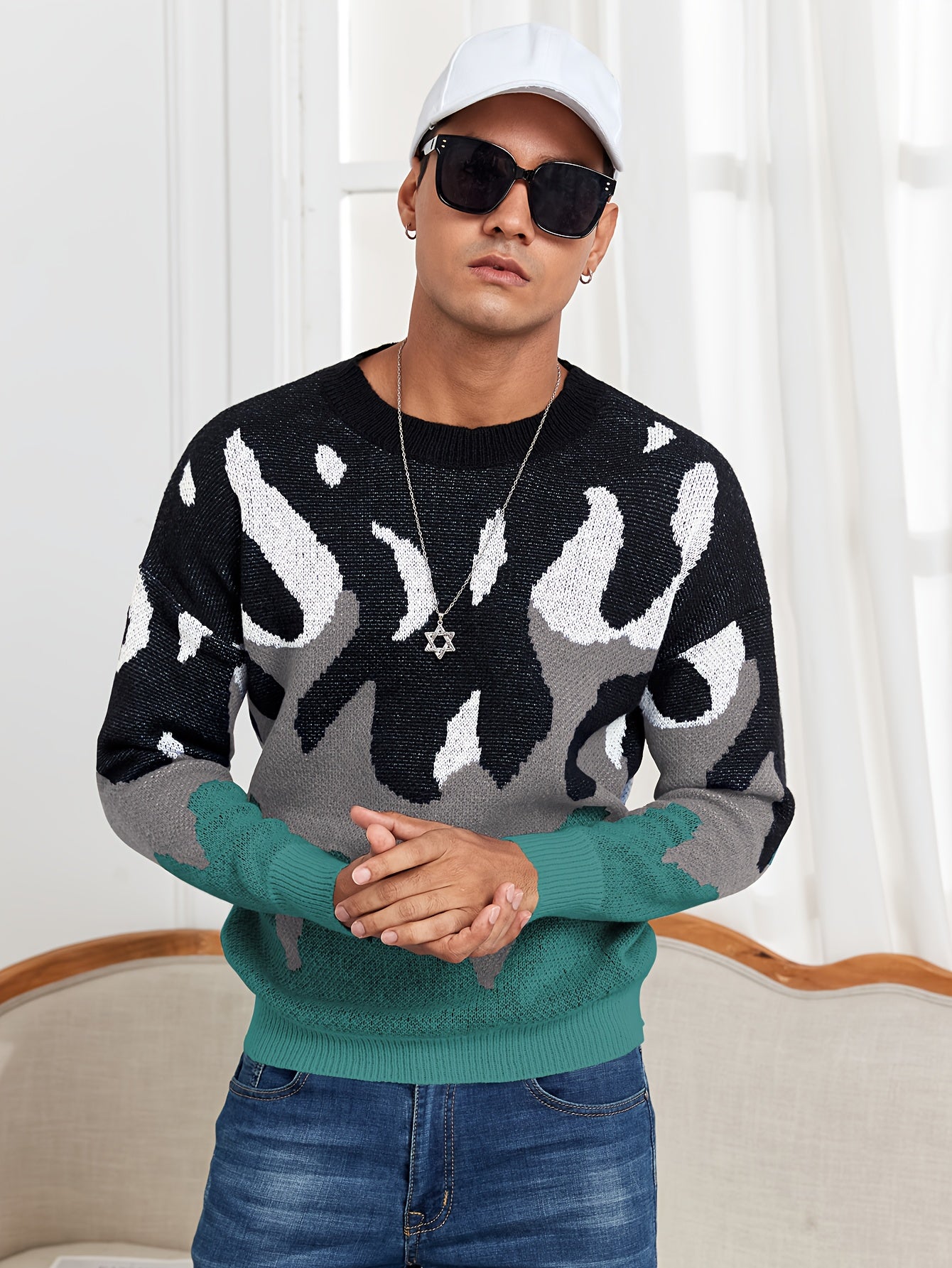 Oversized Crewneck Sweater Flame Graphic Knit For Men Women