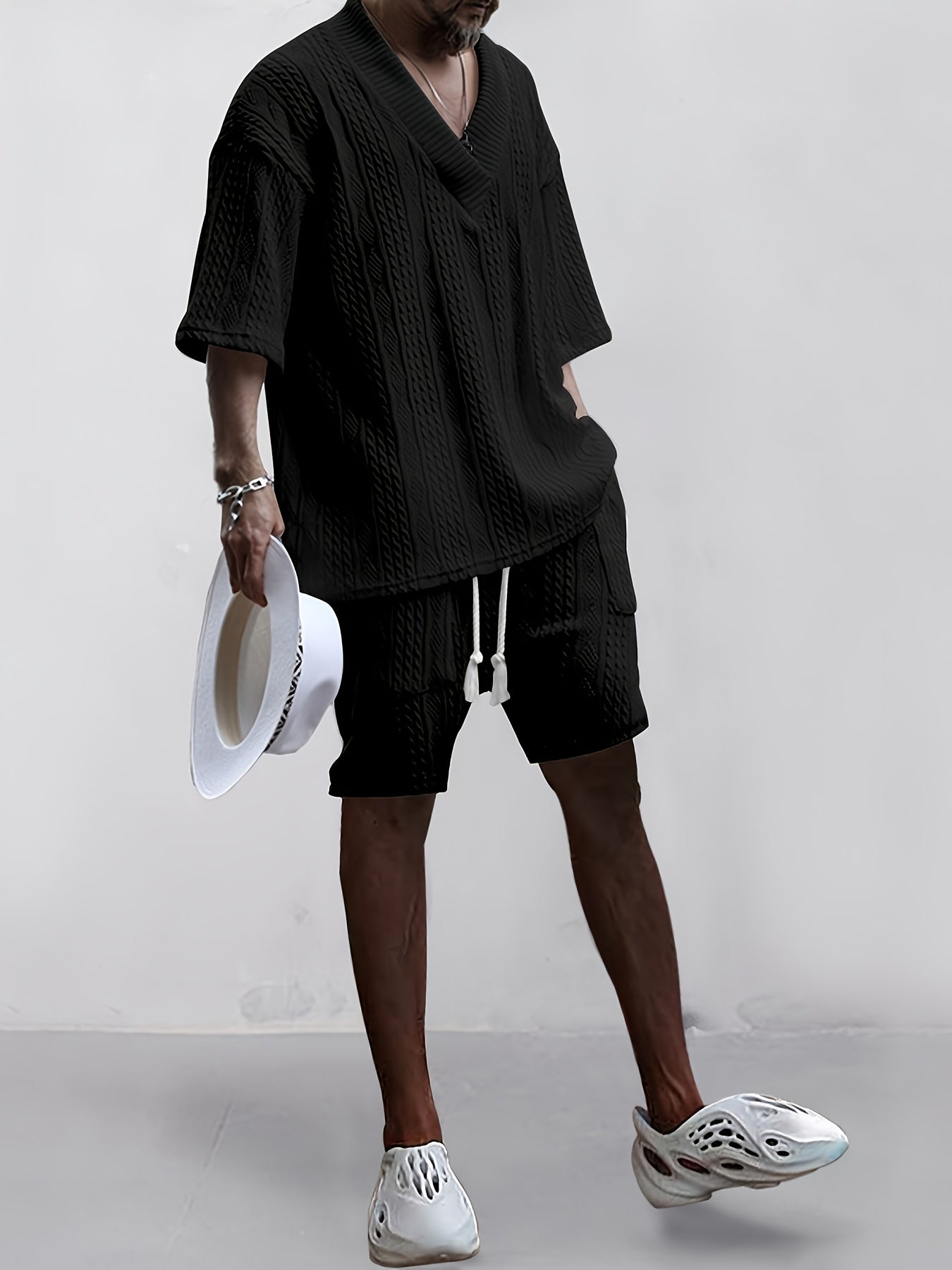 Mens Casual V Neck Knit Sweater And Shorts Set For Summer