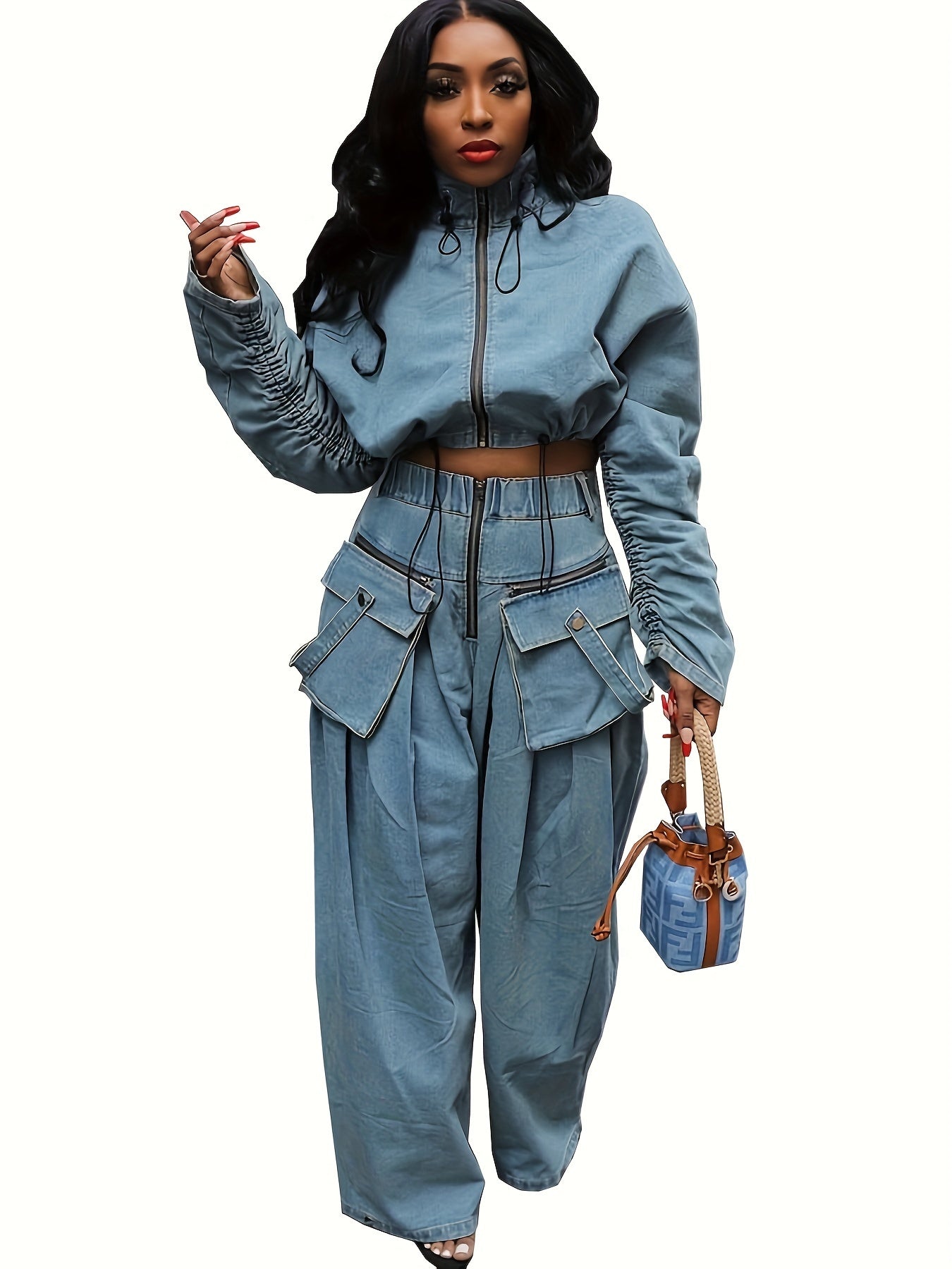 Women's Denim Set Jacket And Wide Leg Pants Polyester