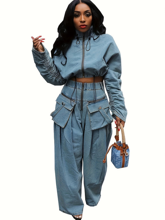 Women's Denim Set Jacket And Wide Leg Pants Polyester