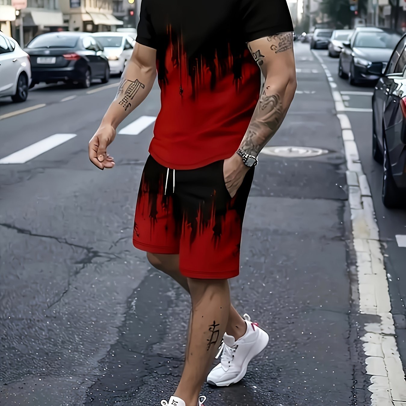 3D Pattern Print Men Two Piece Casual Tee And Shorts
