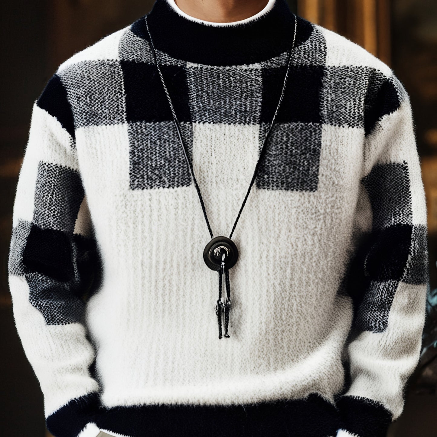 Men's Slim Fit Winter Plaid Sweater Warm Knit Round Neck