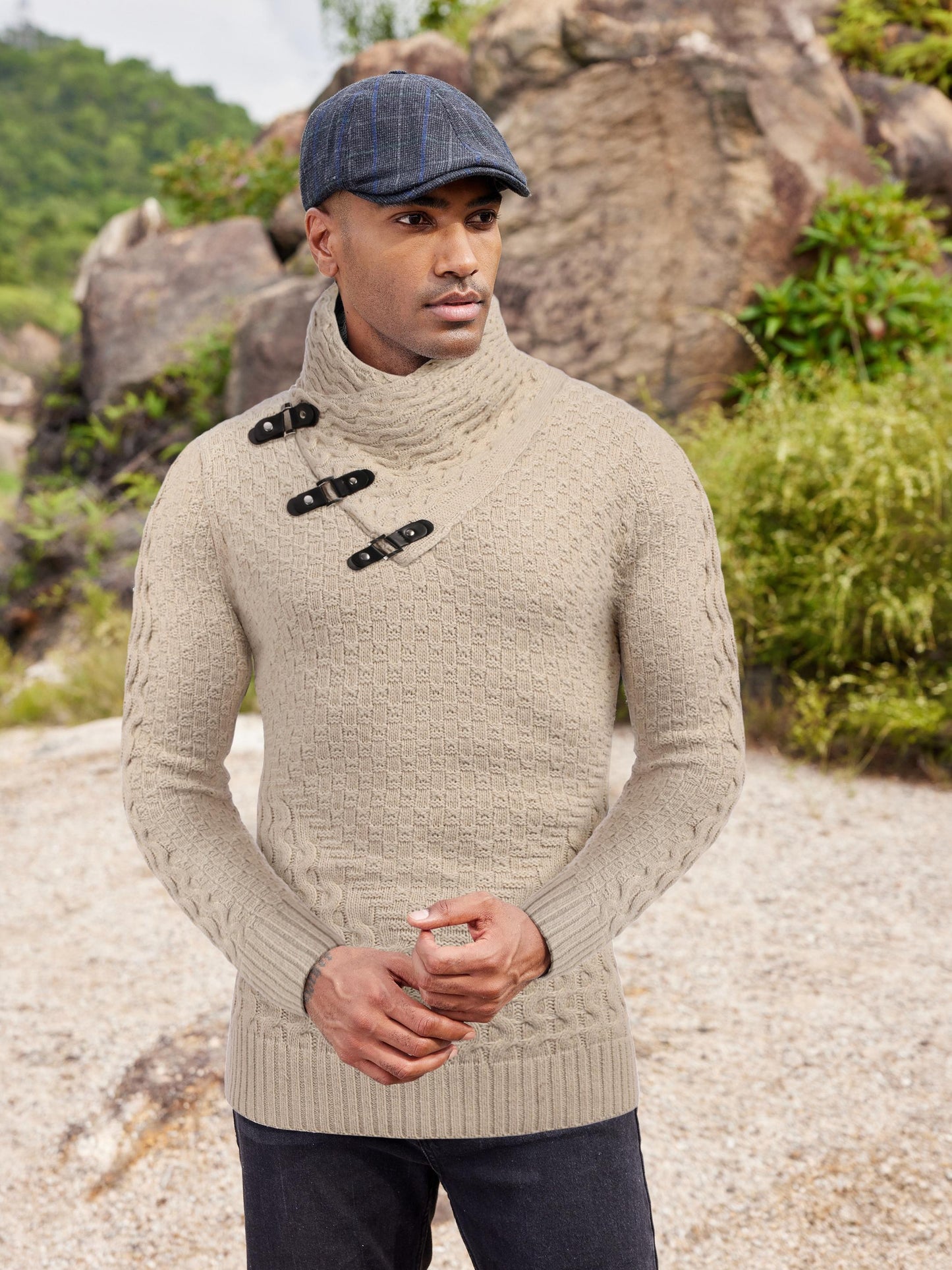ELESOL Mens Knitted Turtleneck Sweater Slim Fit Pullover
