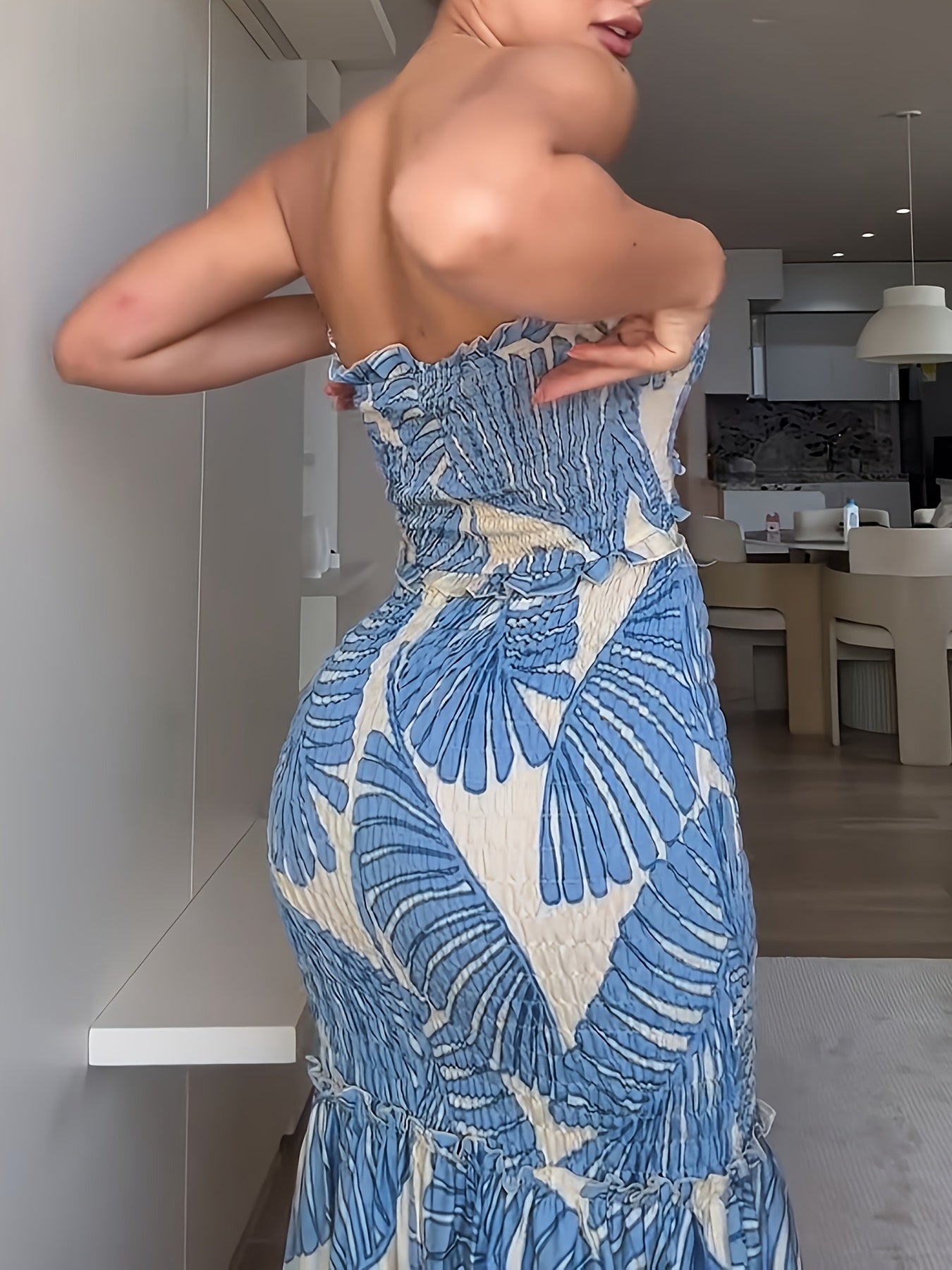 Tropical Print Bandeau Dress With Ruched Shirred Frill Hem