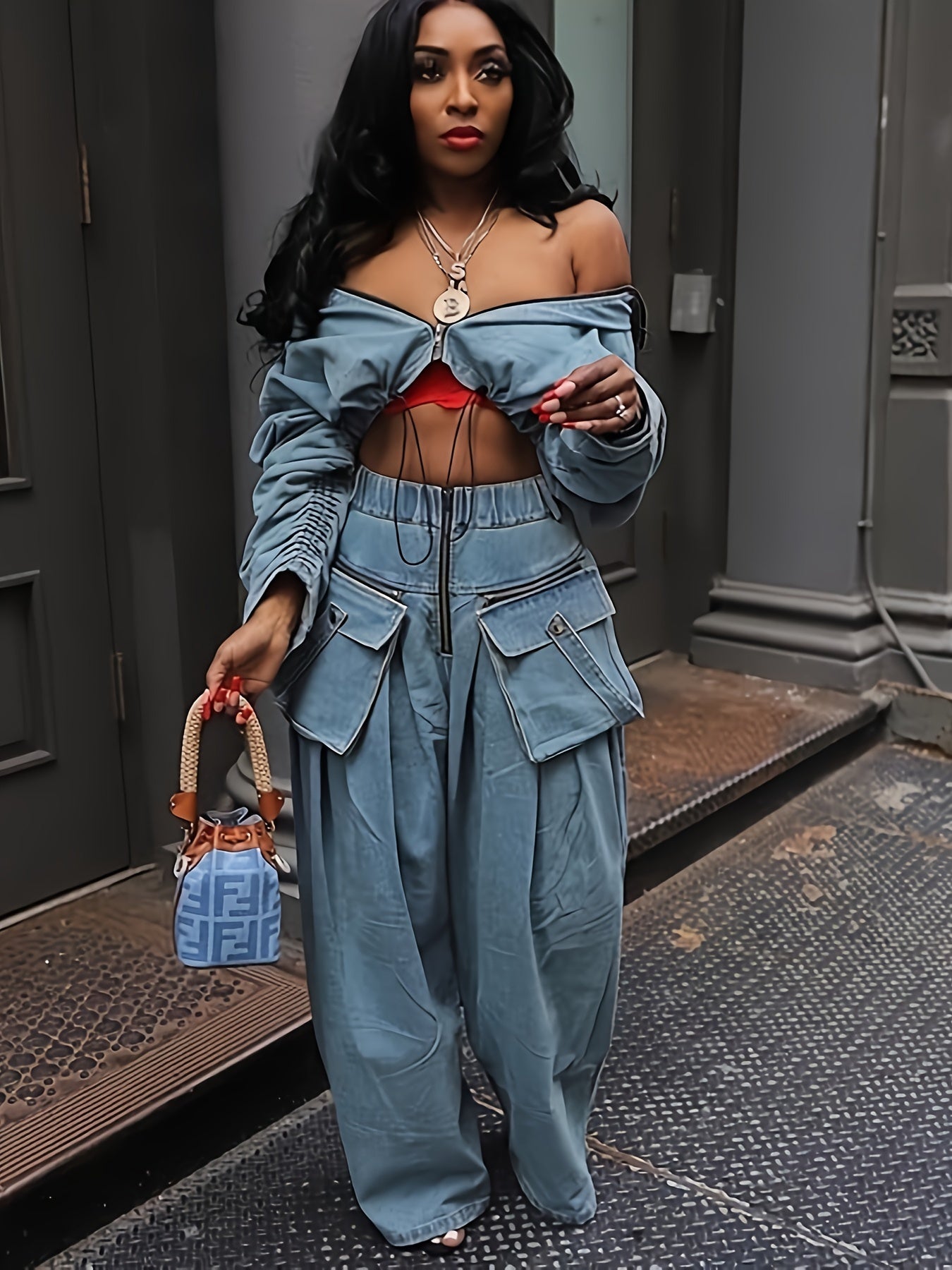 Women's Denim Set Jacket And Wide Leg Pants Polyester