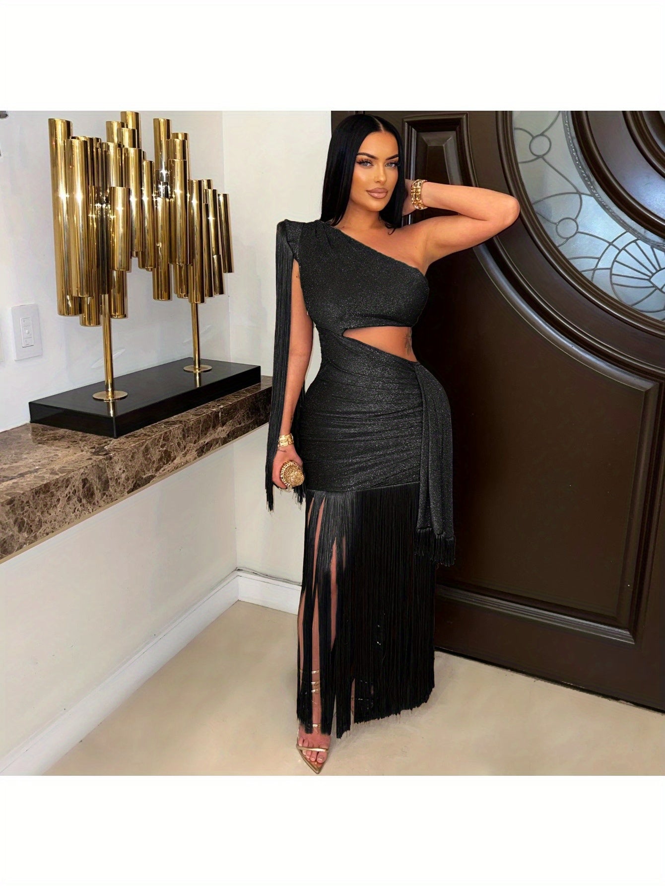 European American Style Asymmetrical Tassel Evening Dress