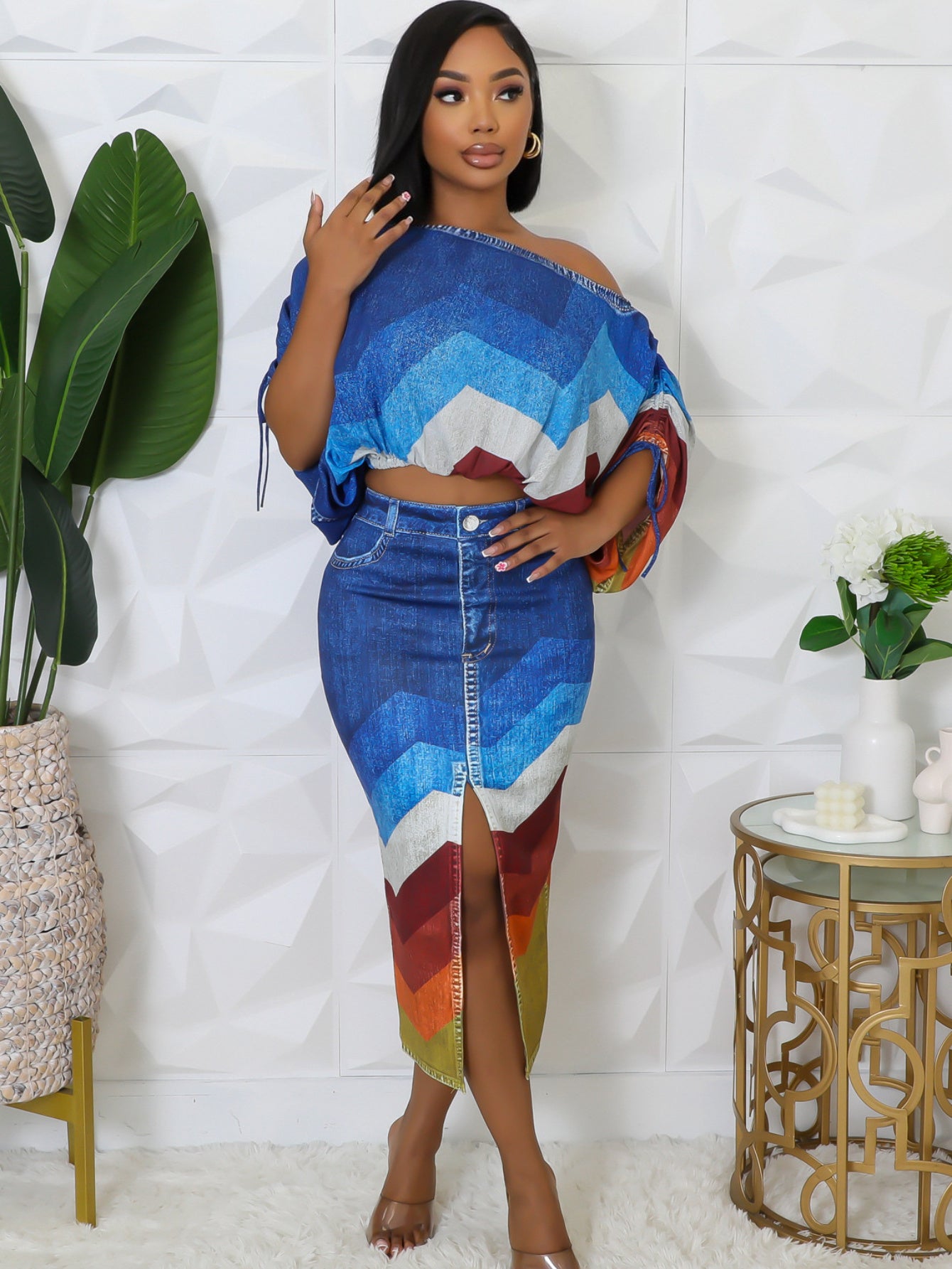 Denim Print Off Shoulder Top And Skirt Set Polyester