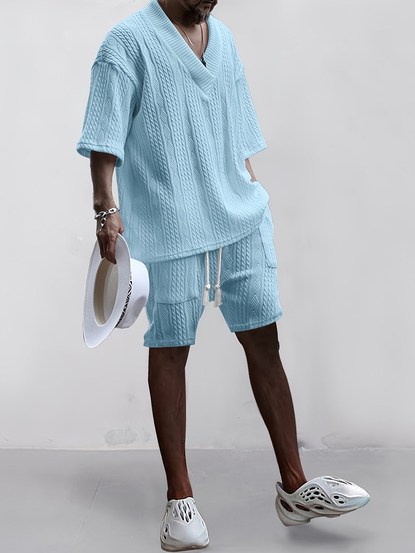 Mens Casual V Neck Knit Sweater And Shorts Set For Summer