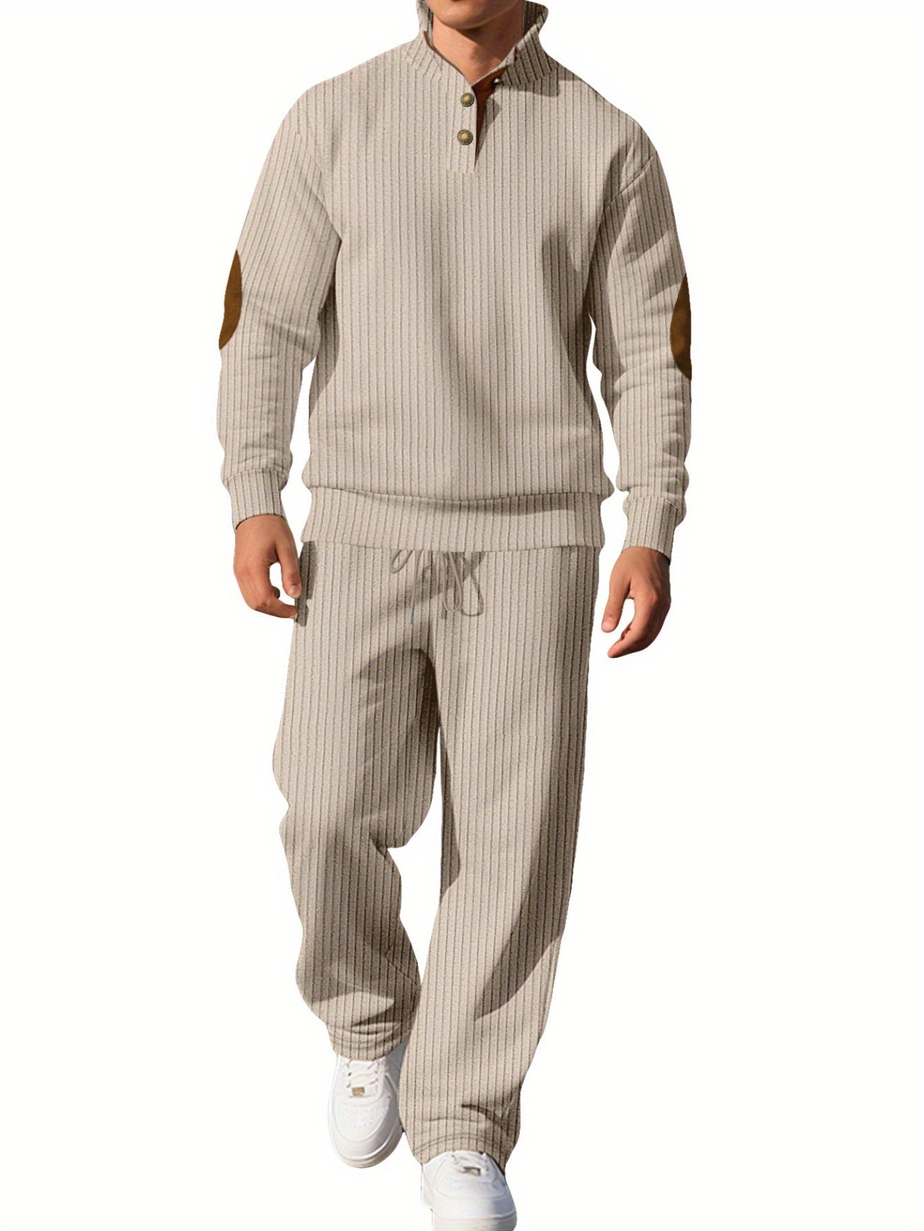 Men's Two Piece Casual Suit Stand Collar Jacquard Knit Set