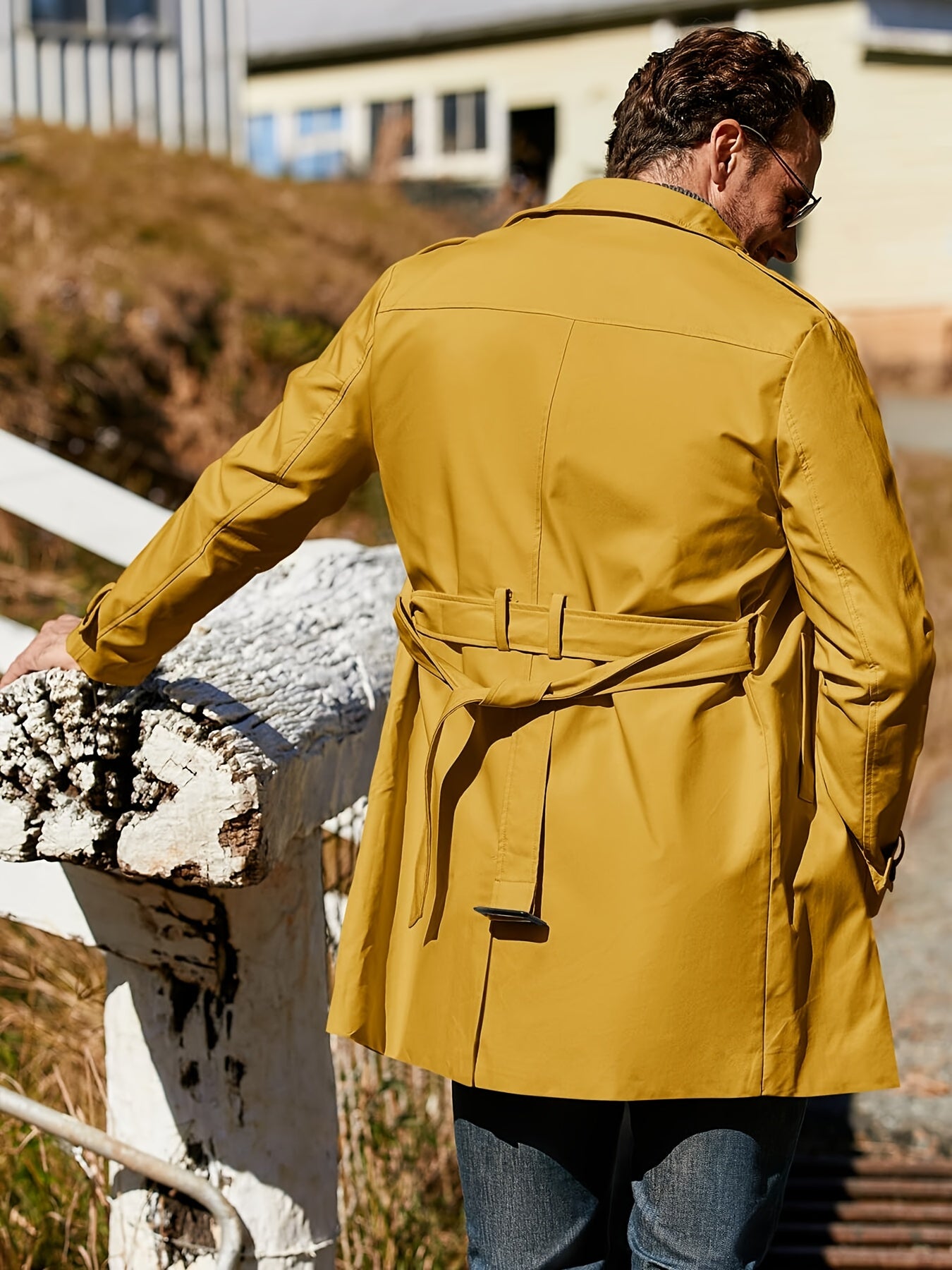 Mens Slim Fit Double Breasted Trench Coat Belted Waist
