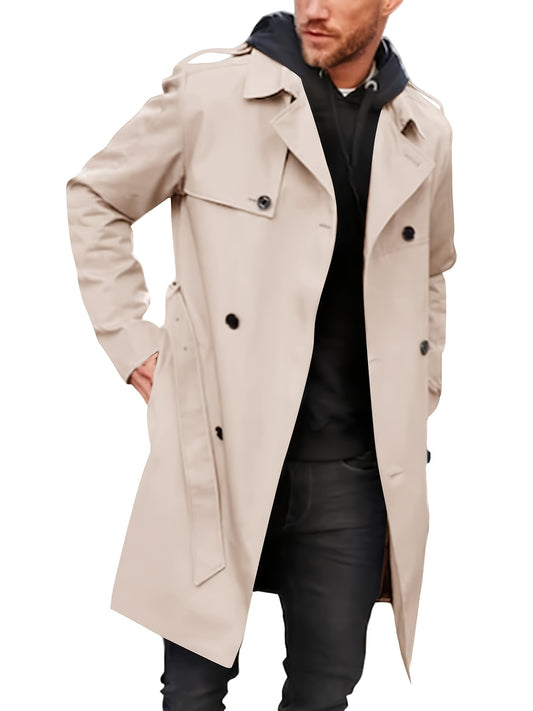Mens Slim Fit Double Breasted Trench Coat Belted Waist