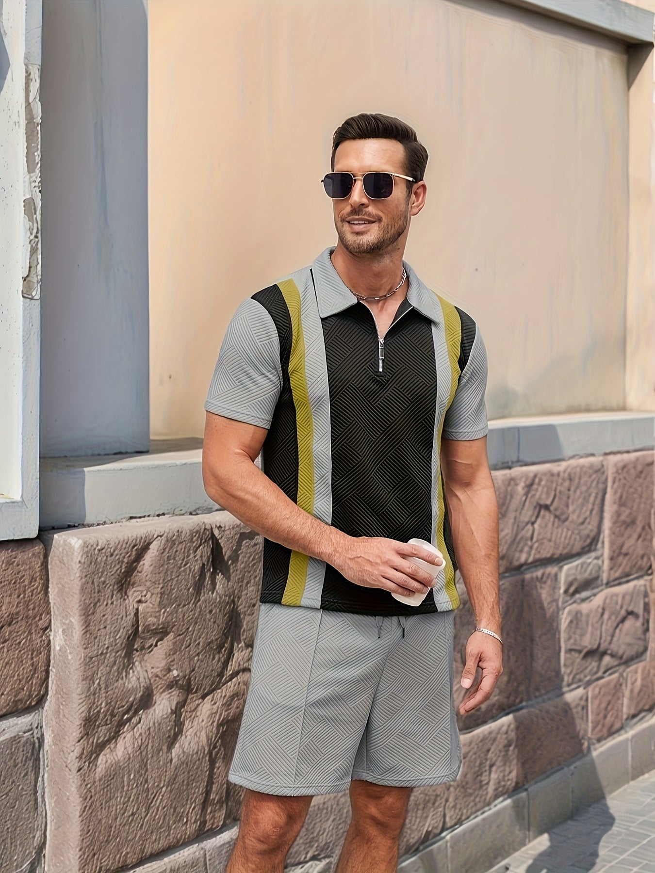 Men's Summer Track Suit 2pc Set Short Sleeve Polo Striped