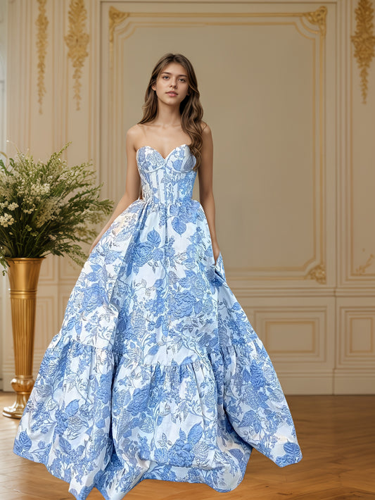 Floral Jacquard Satin Prom Dress Strapless Corset Back