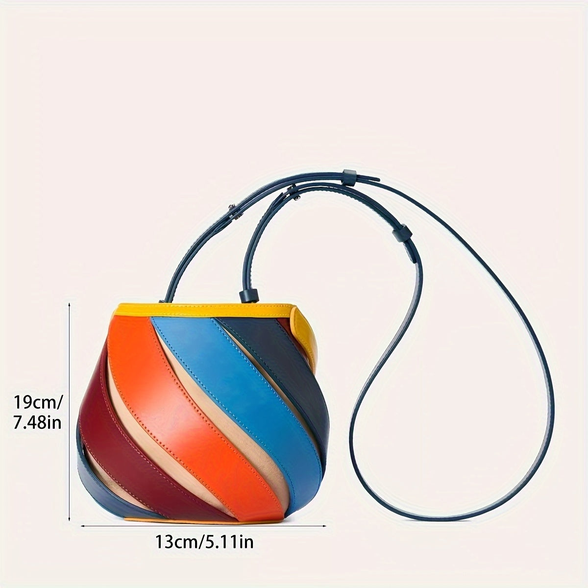 Genuine Leather Rainbow Color-Block Bucket Bag by Unknown Brand