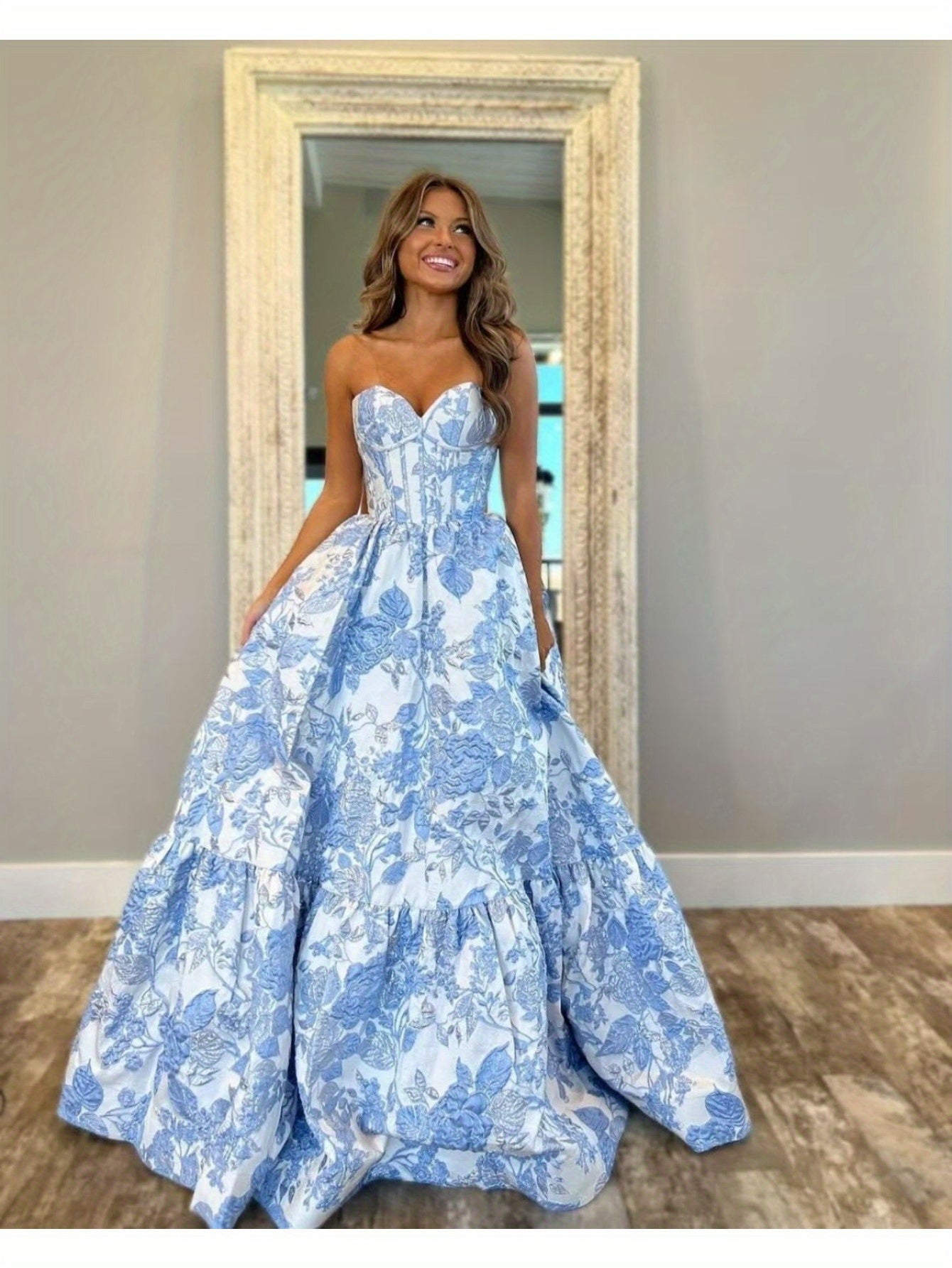 Floral Jacquard Satin Prom Dress Strapless Corset Back