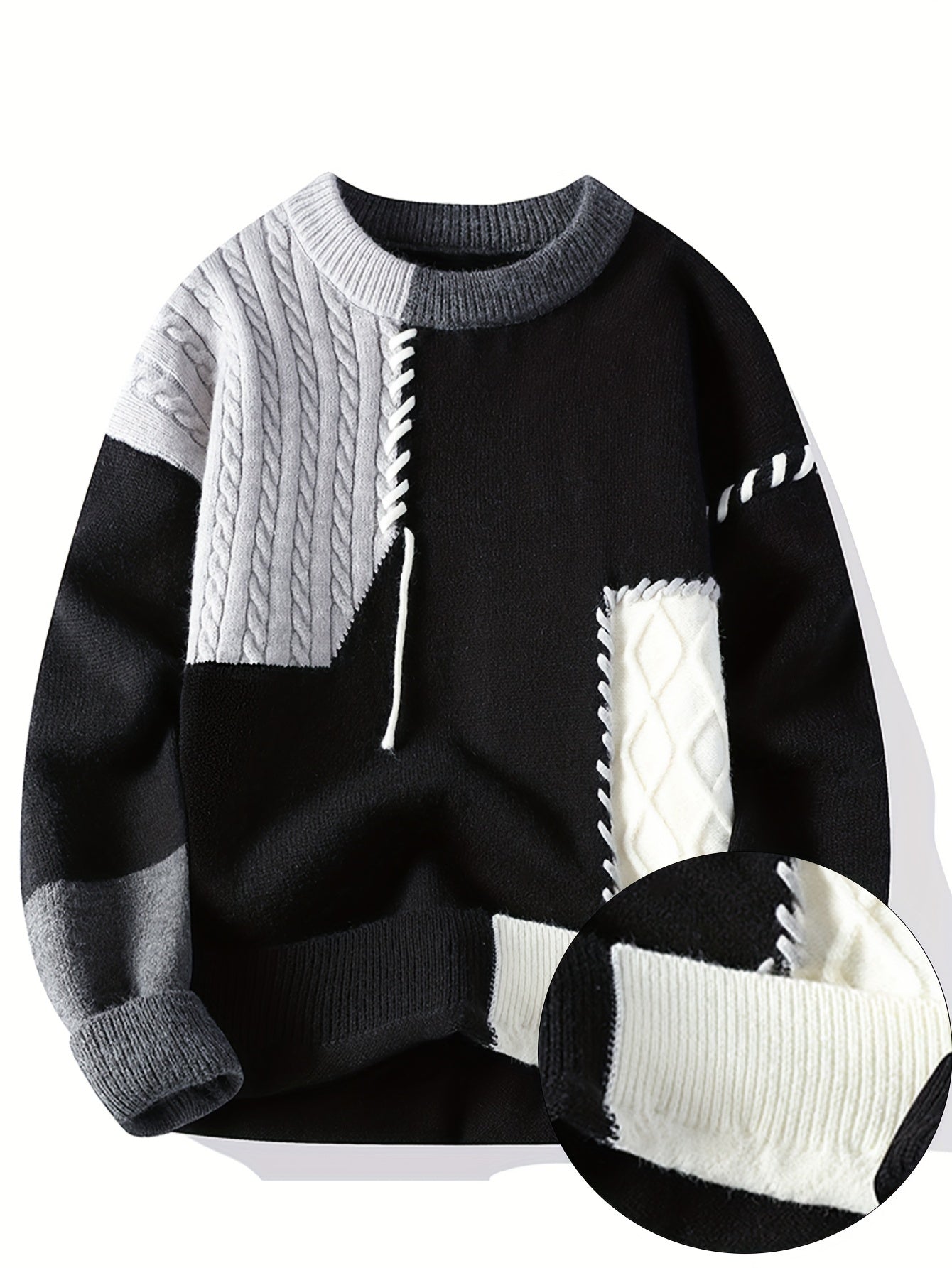 SENMEIGUO Men Color Block Long Sleeve Knit Sweater Casual