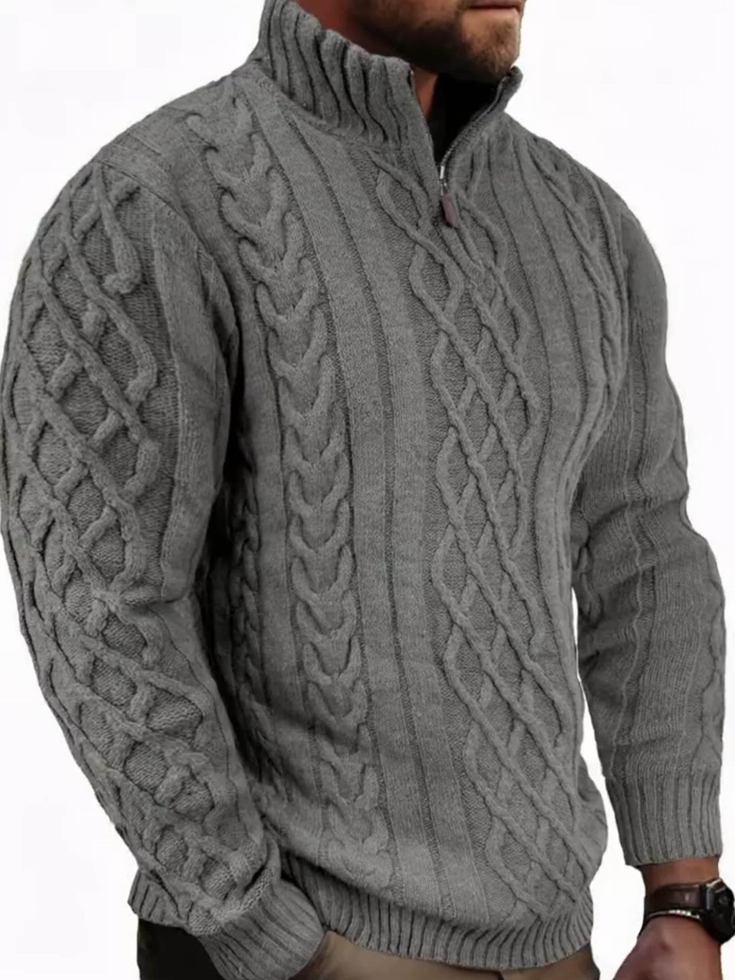 COMDECEVIS Mens Quarter Zip Cable Knit Mock Neck Sweater