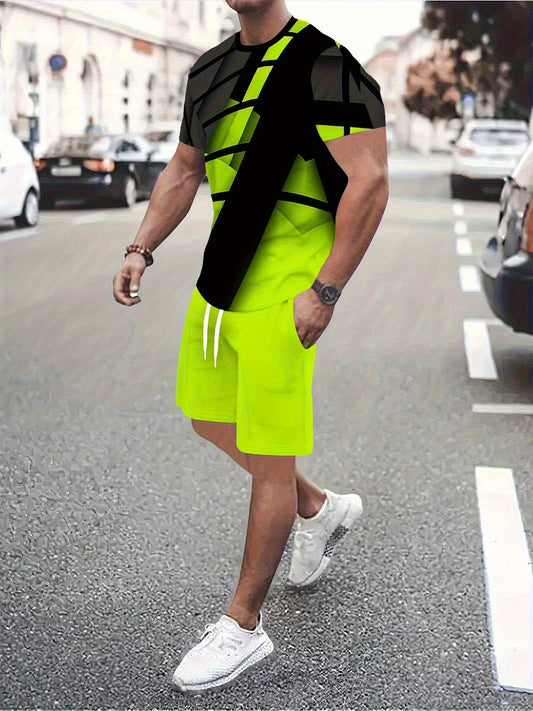 Geometric Graphic Print Men Summer Tee And Shorts Set