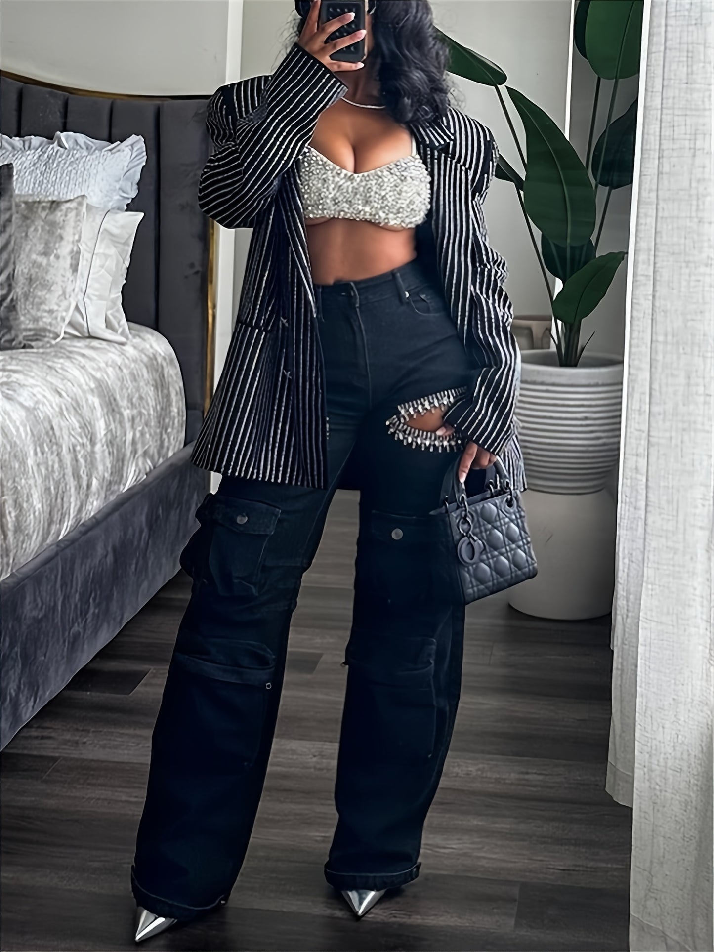 Womens Rhinestone Embellished Cargo Jeans High Rise Denim