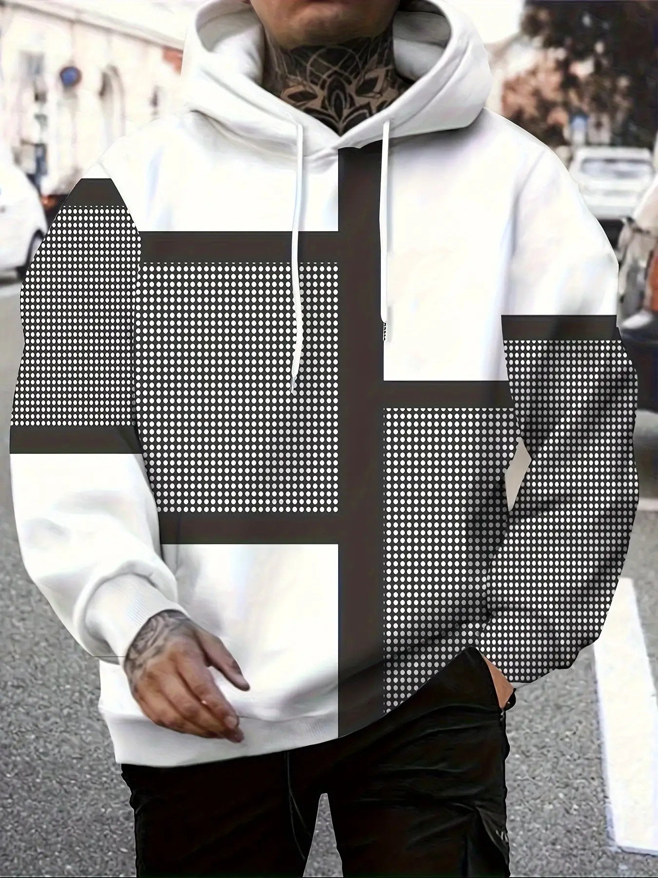 Mens Heavyweight Hoodie Geometric Pattern Sweatshirt