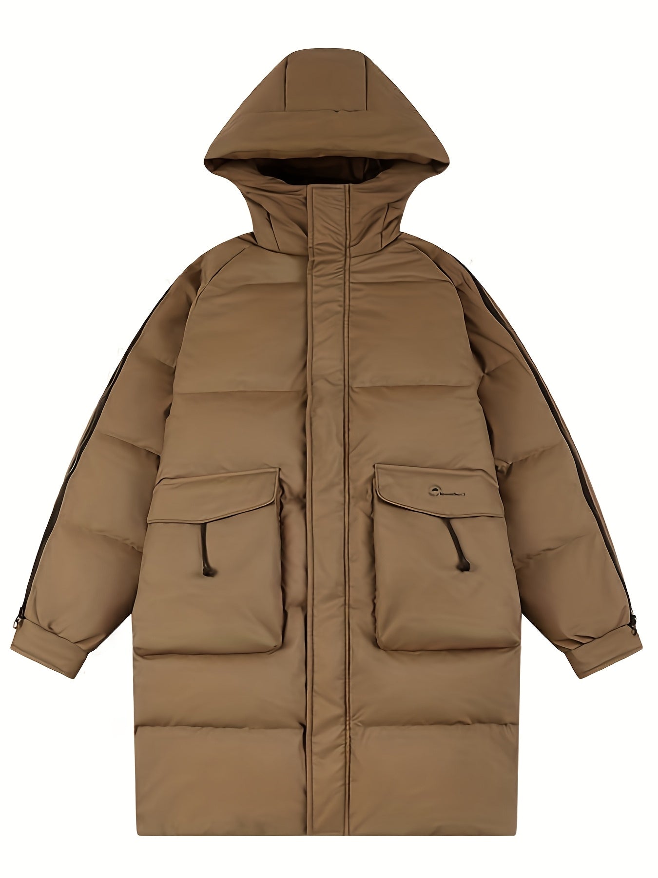 Mens Long Hooded Winter Coat Parka With Zippered Stripes