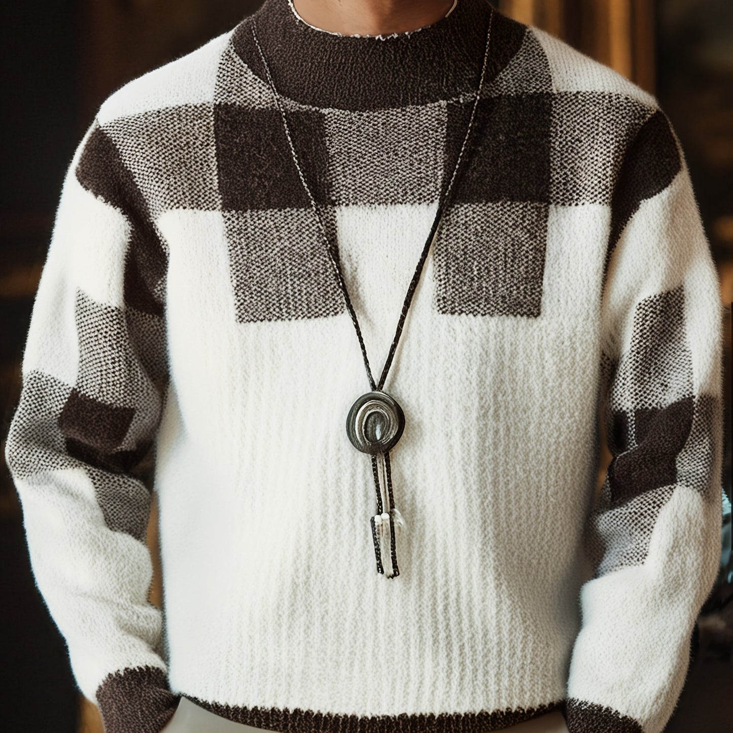 Men's Slim Fit Winter Plaid Sweater Warm Knit Round Neck