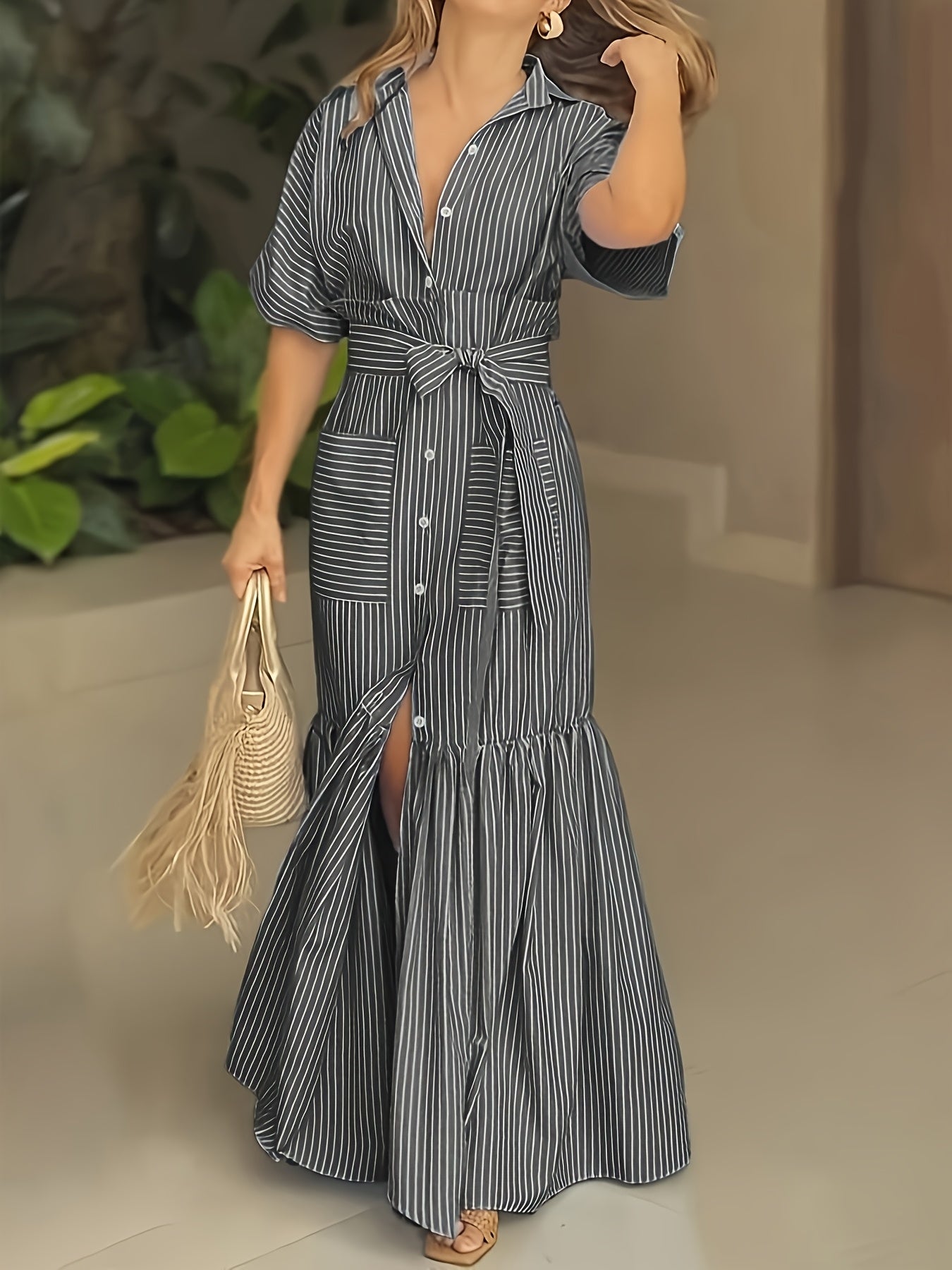 Digital Printed Striped Shirt Dress Long Length Regular Fit