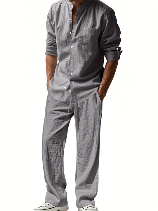 Mens Breathable Linen Suit Set Two Piece Office Wear