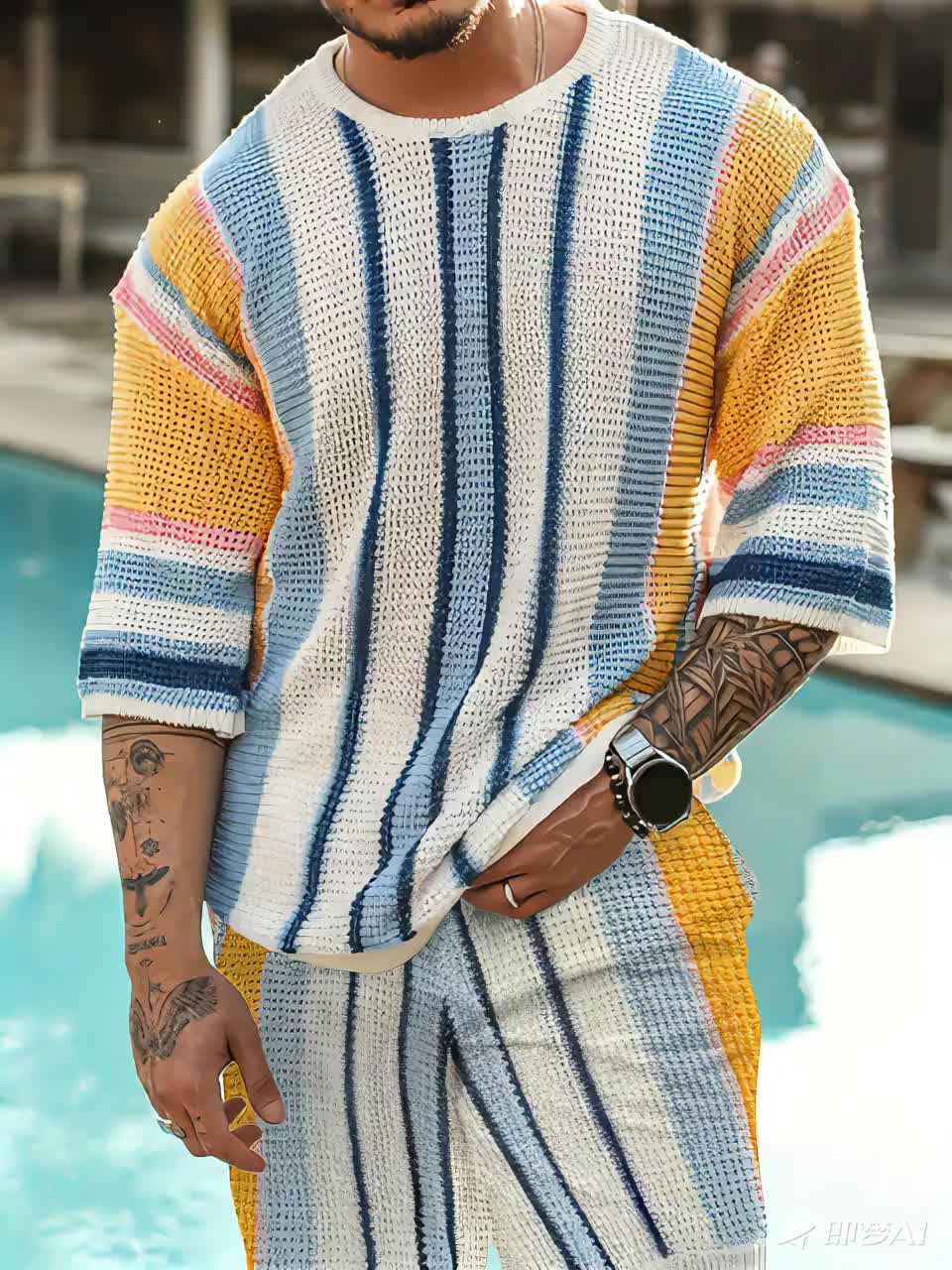 Mens Casual Knit Set Polyester V Neck Button Regular Fit