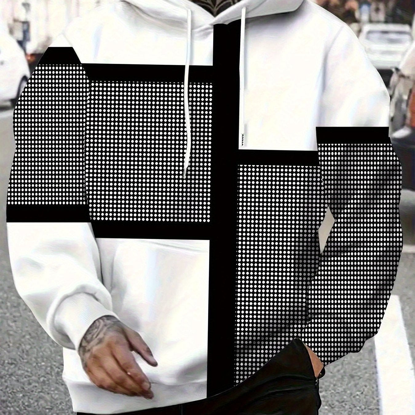 Mens Heavyweight Hoodie Geometric Pattern Sweatshirt