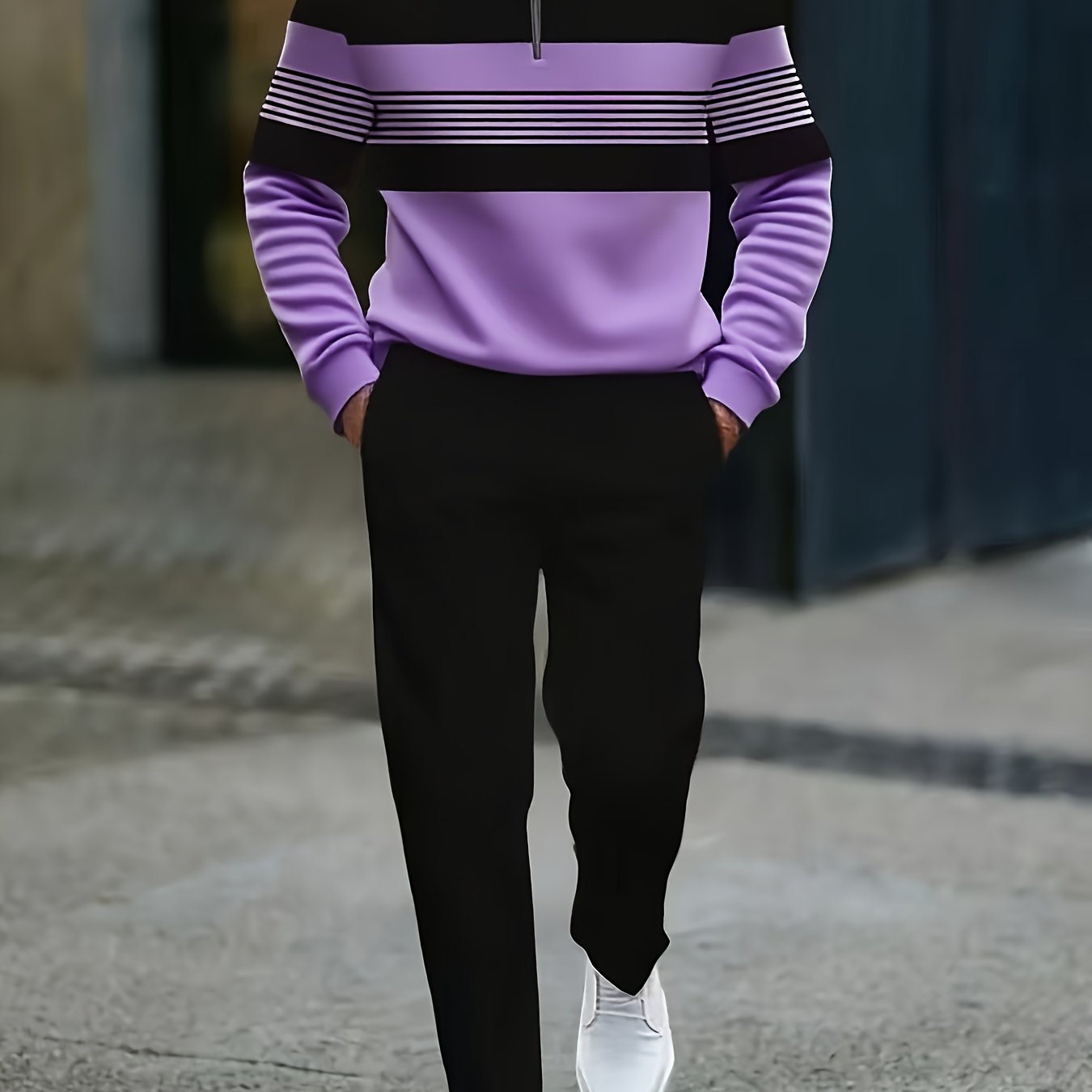Mens Casual Striped Two Piece Set With Zip Front Jacket