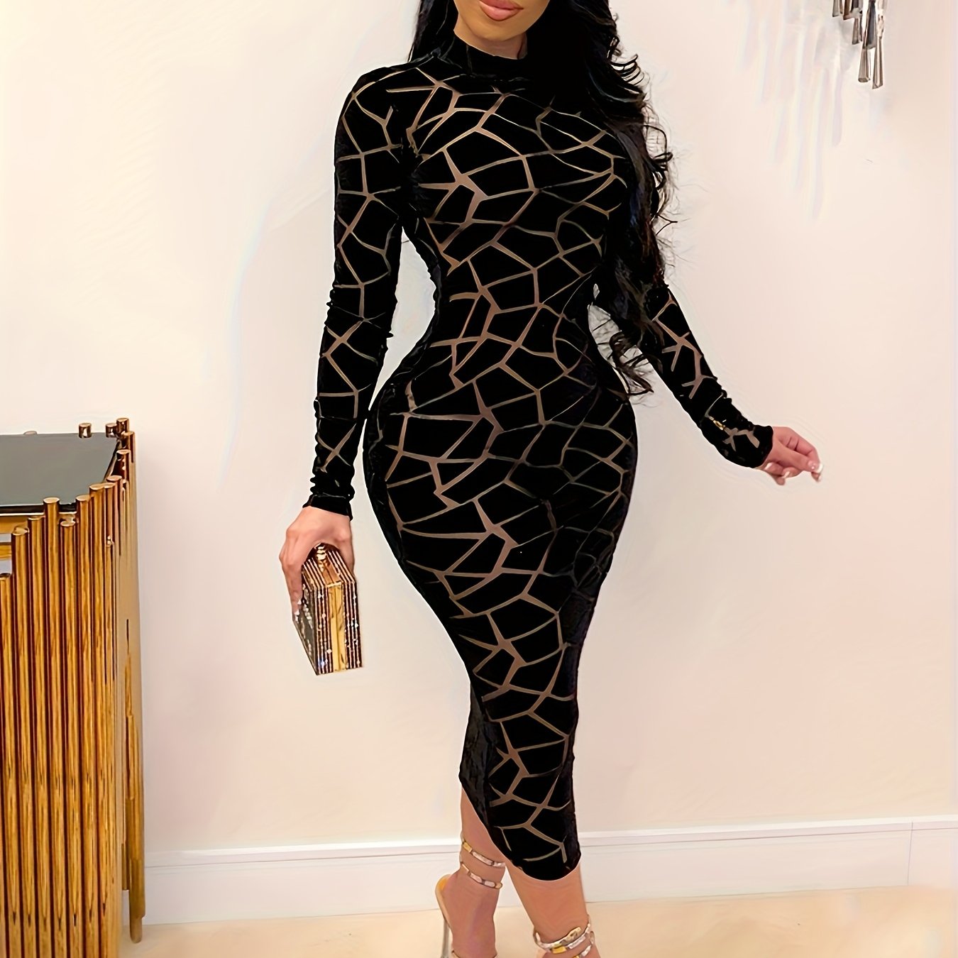 Elegant Long Sleeve Mesh Dress With Geometric Print