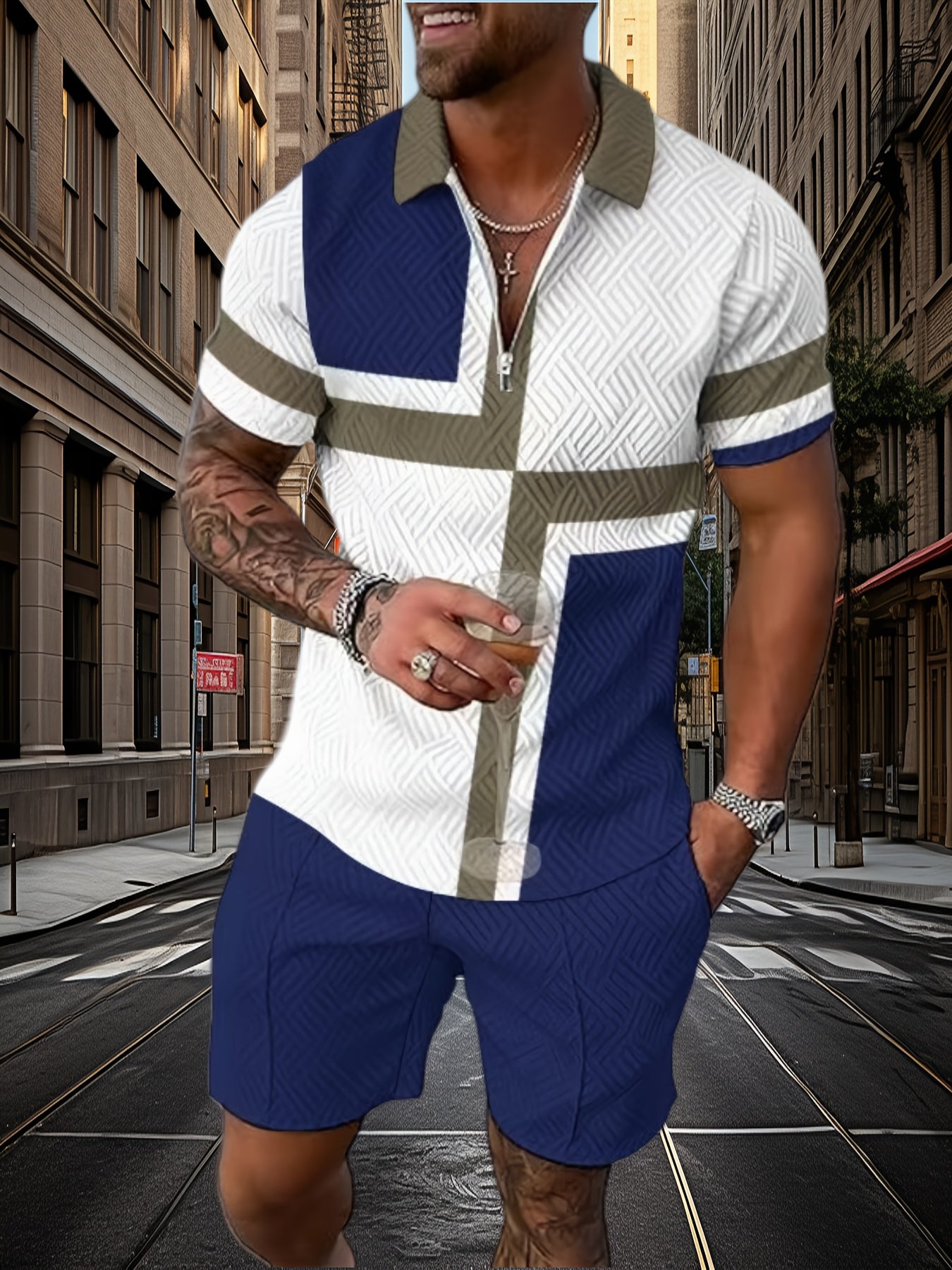 Men's Casual T Shirt Shorts Set Geometric Polyester Fabric