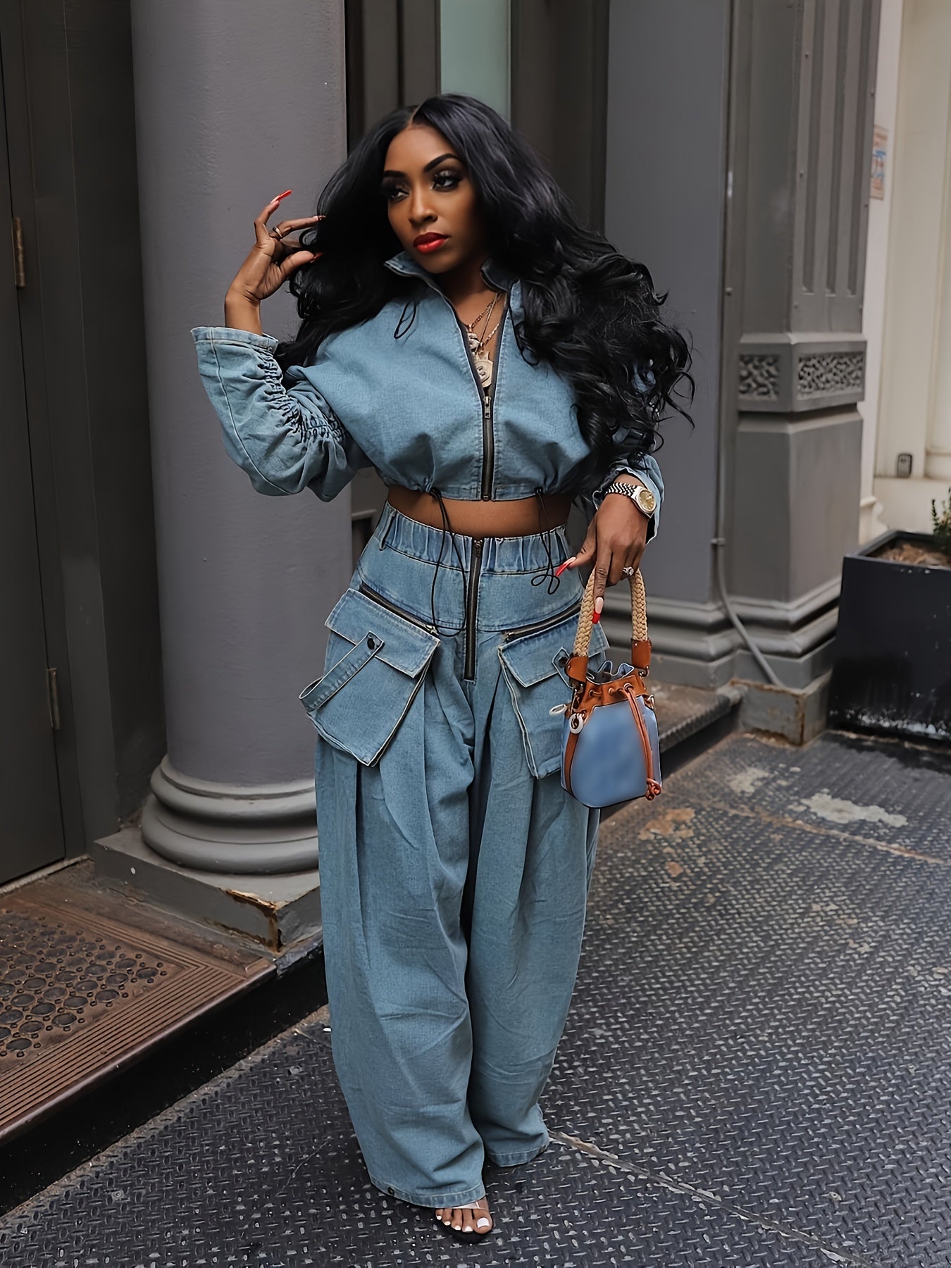 Denim 2-Piece Zip-Up Long Sleeve Crop Top Wide-Leg Pants